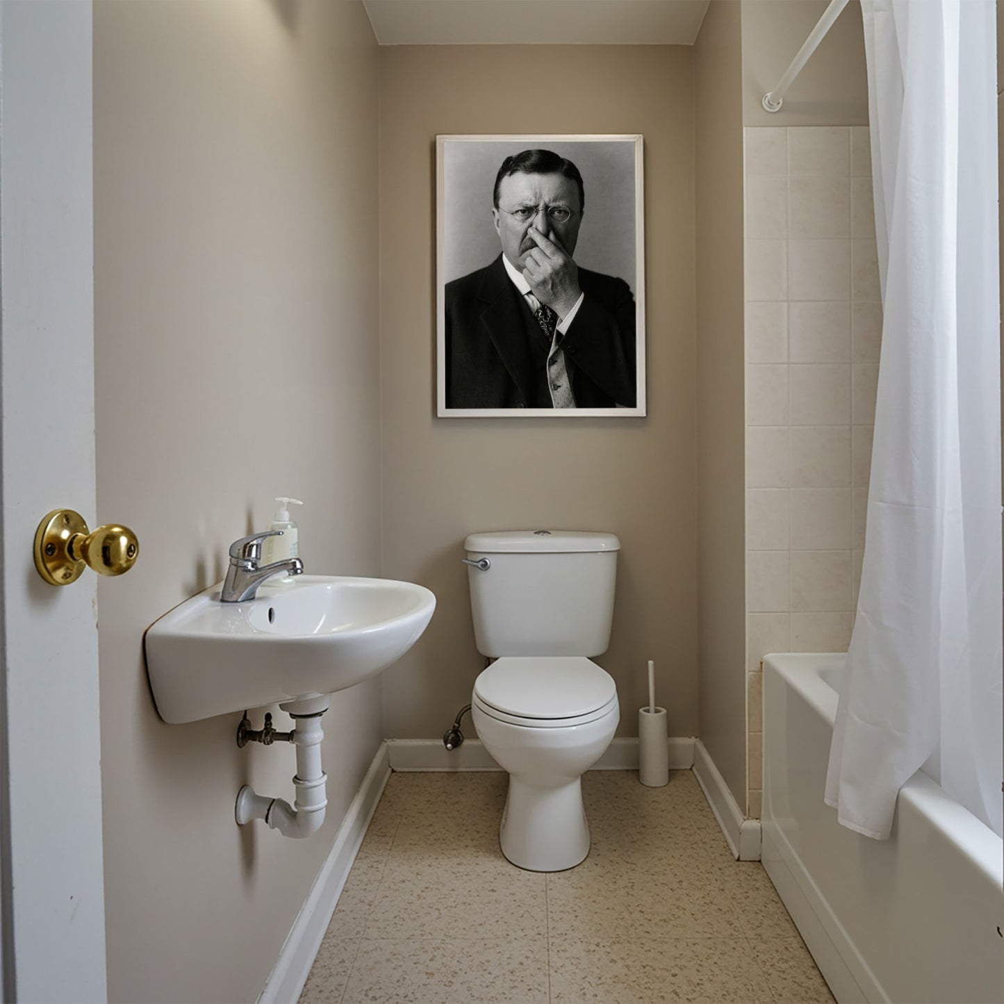 Funny Teddy Roosevelt Bathroom Poster – Humorous Toilet Wall Art, Quirky Parody Decor, Unique Framed Gift for Restroom or Home