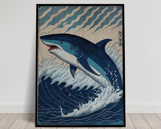 Japanese Shark Poster - Ukiyo-e Style Wall Art, Japan-Inspired Shark Print Decoration for Home or Office
