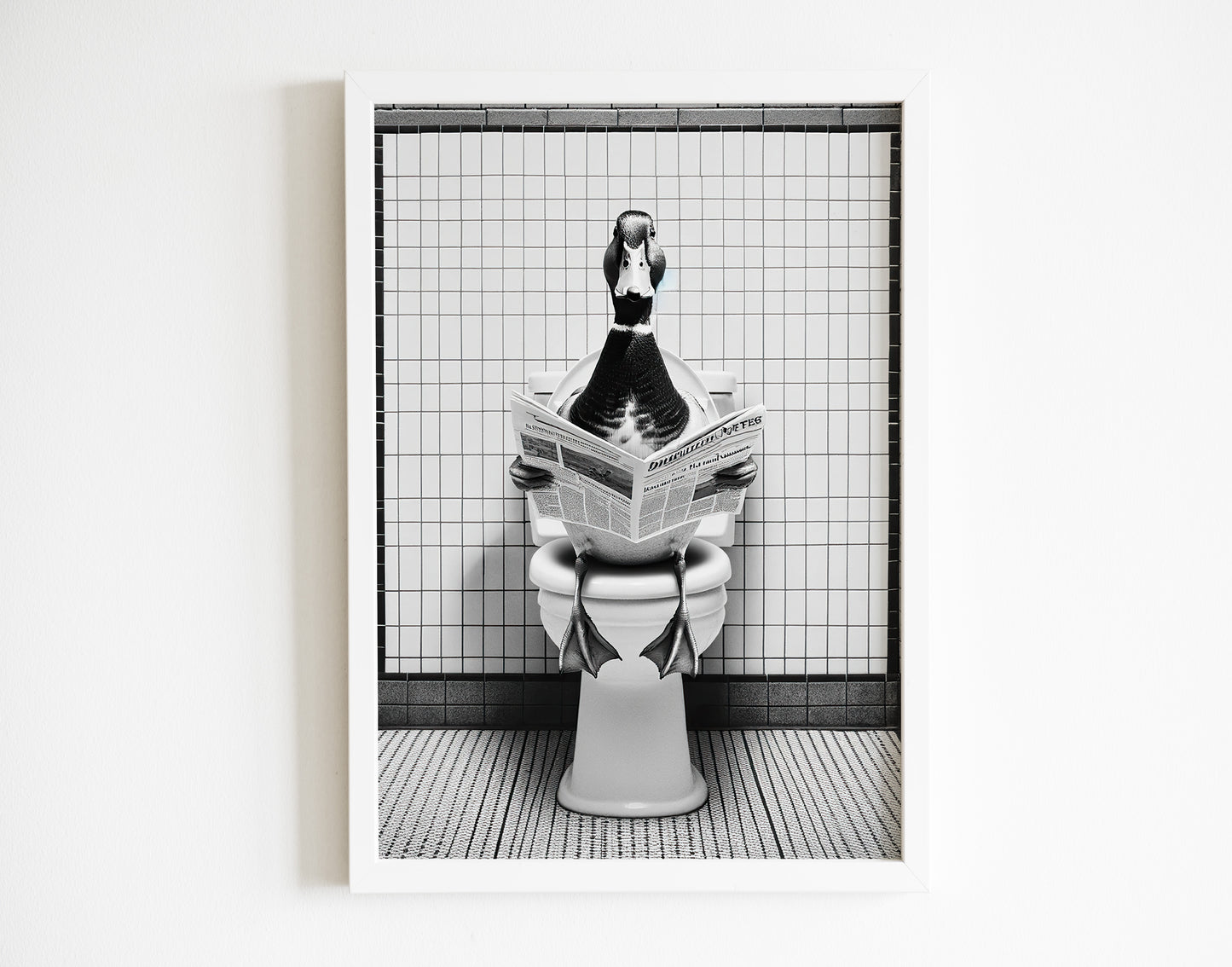Funny Duck Poster for Bathroom - Black and White Reading Duck Wall Art - Fun WC Toilet Decor - Unique Gift Idea