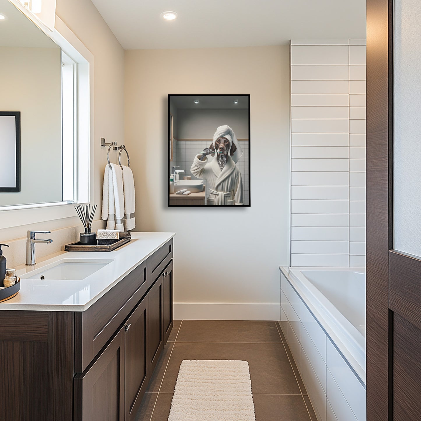 Portrait of a German Shorthaired Pointer Brushing Teeth in Bathrobe – Funny Dog Bathroom Decor, Cute Poster, Gag Gift, Framed art