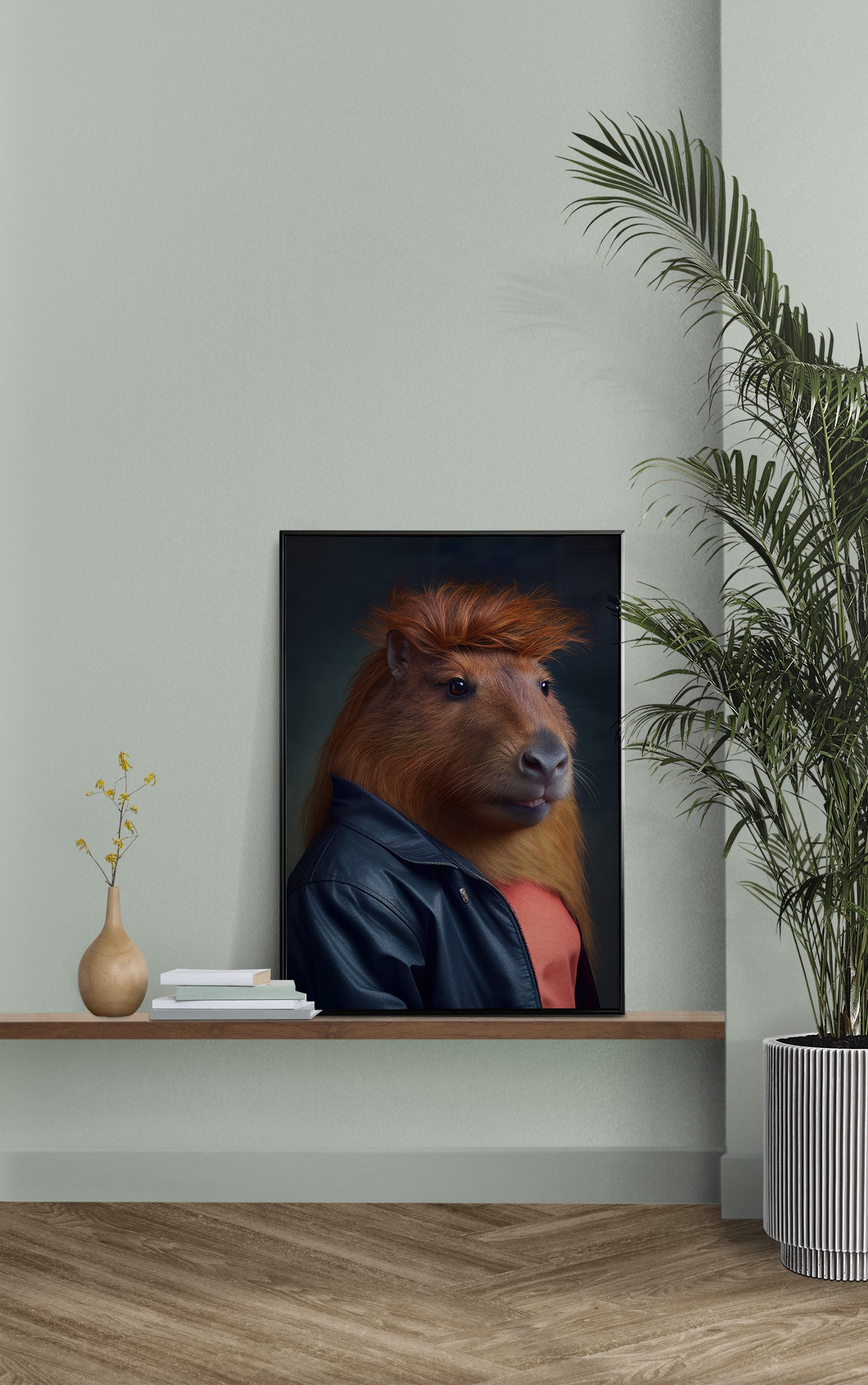 Affiche murale humoristique d'un capybara des années 80 avec coupe mulet, décoration murale originale, poster kitsch à encadrer