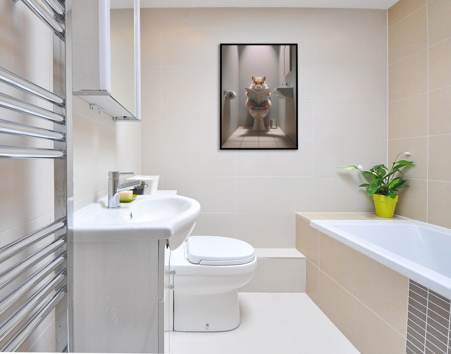 Hamster Reading Newspaper Poster - Funny Bathroom Wall Art, Unique WC Decor, Gag Gift for Toilet Room