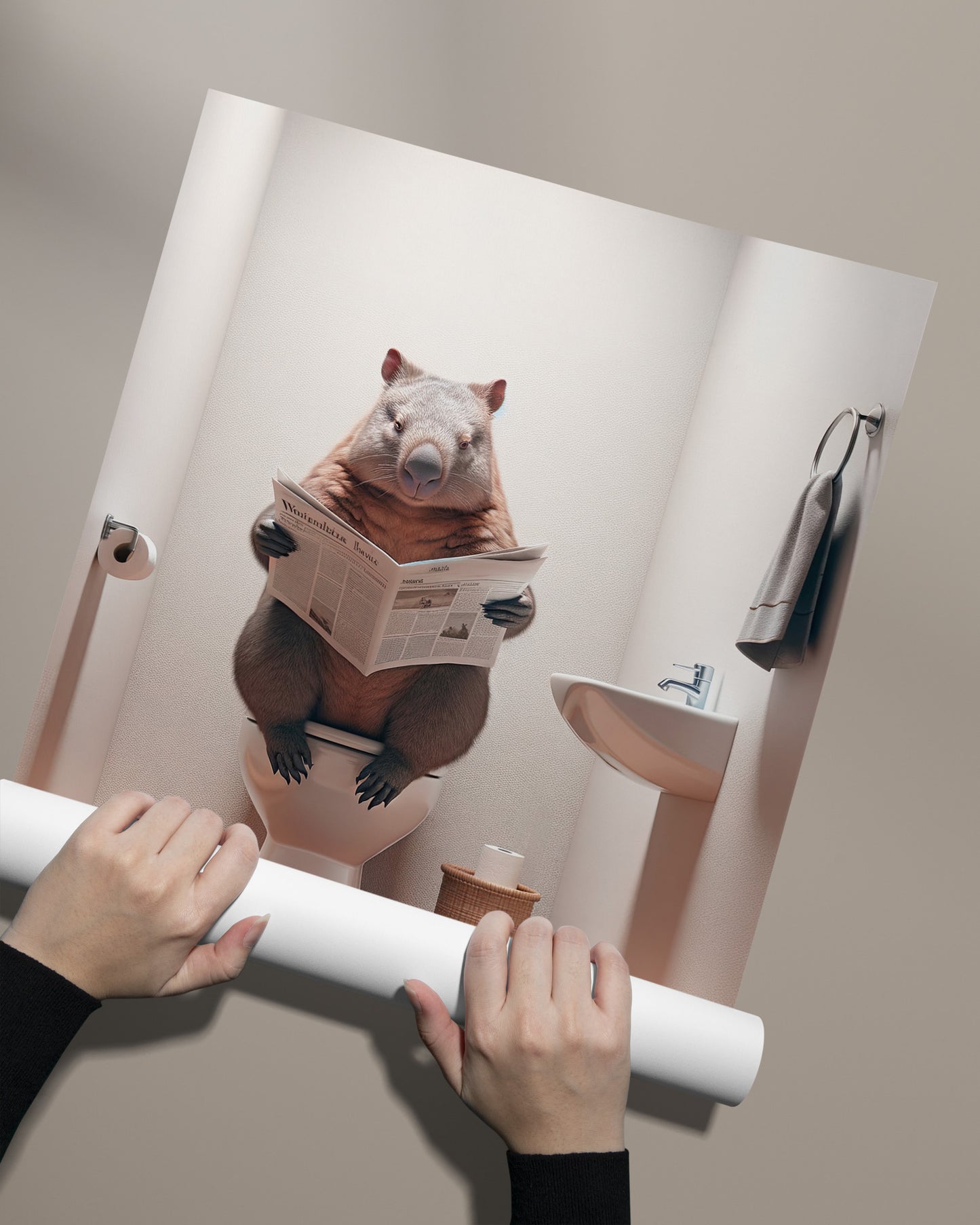 Wombat Reading Newspaper Toilet Poster - Unique Funny Bathroom Wall Art & Gag Gift Decor for WC