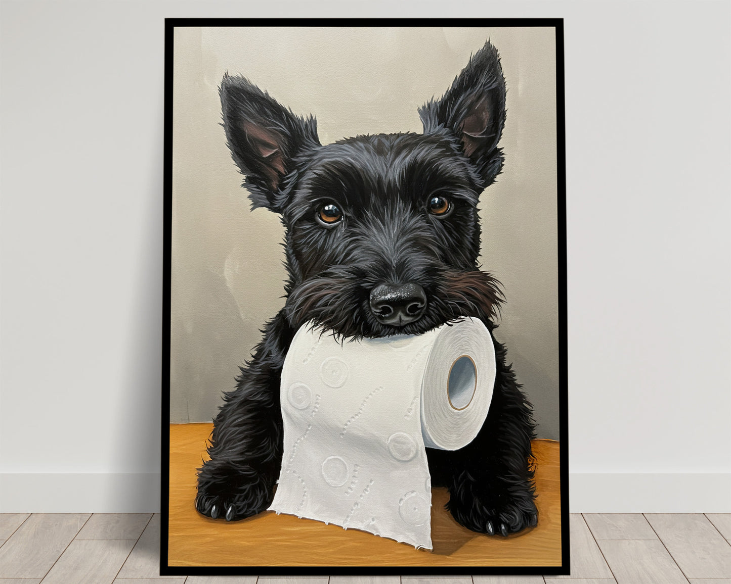 Scottish Terrier with toilet paper roll in mouth, Toilet Humor, Scottie Gifts, Bathroom Print, Dog Lover Gift, WC Wall Art, Framed Print