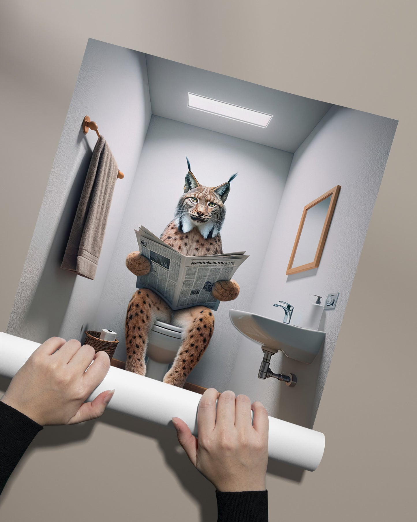 Lynx Reading Newspaper Toilet Poster - Funny Bathroom Wall Art Decor - Unique Gag Gift Print for WC
