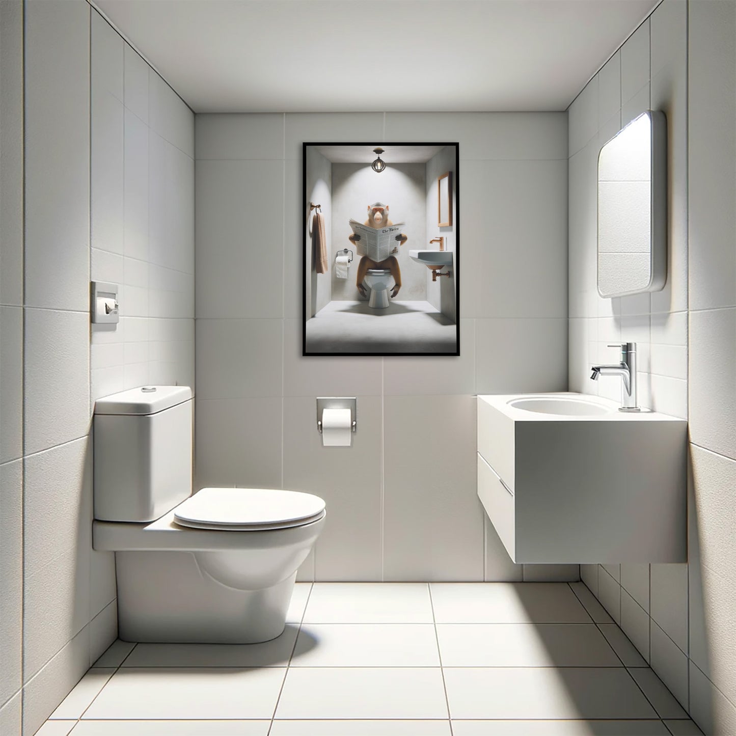 Poster Singe lisant le journal sur WC, Décoration Murale Humour, Cadre Salle de Bain, Affiche Toilettes, Idée Cadeau Amusante