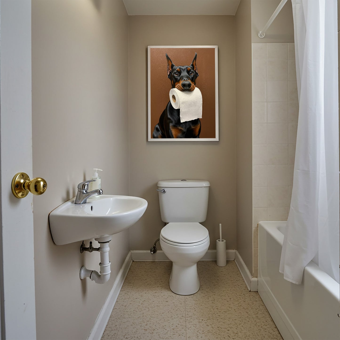 Dobermann Pinscher mordant un rouleau de papier toilette, Humour Toilettes, Poster WC, Cadeau Dobermann, Affiche encadrée, Poster chien