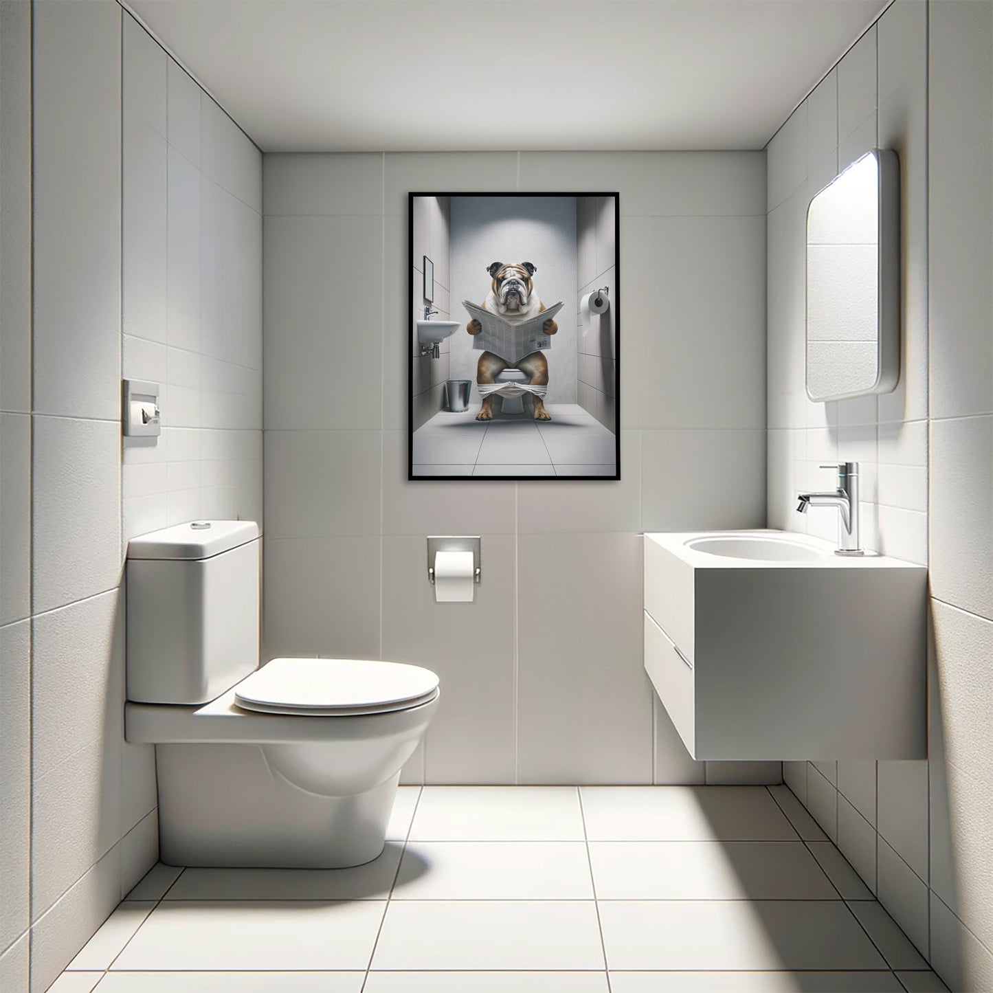 English Bulldog Reading Newspaper Poster – Fun Bathroom Decor, Unique WC Toilet Wall Art, Perfect Gift