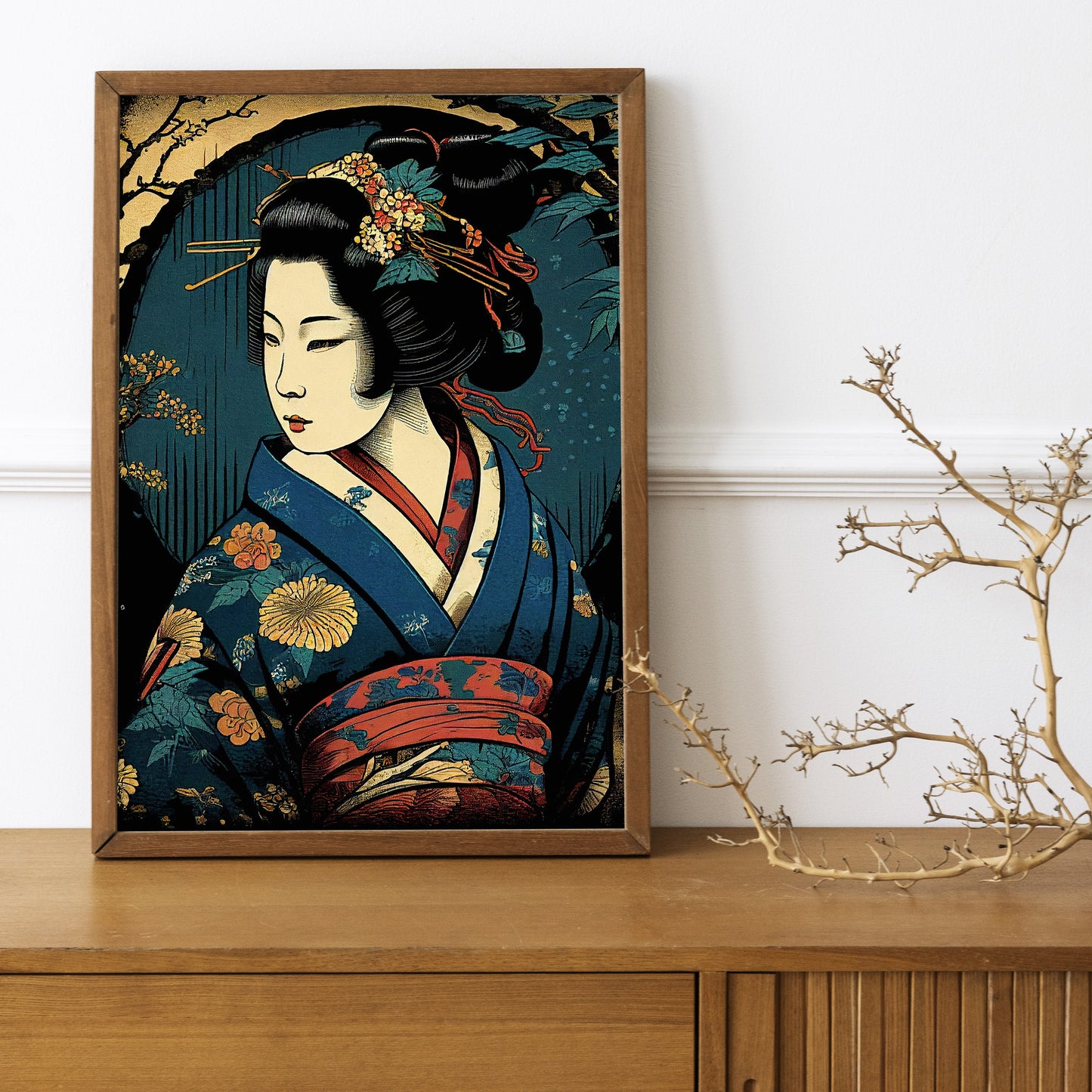 Elegant Japanese Geisha Poster in Blue Kimono - Traditional Art Style for Sophisticated Home Decor