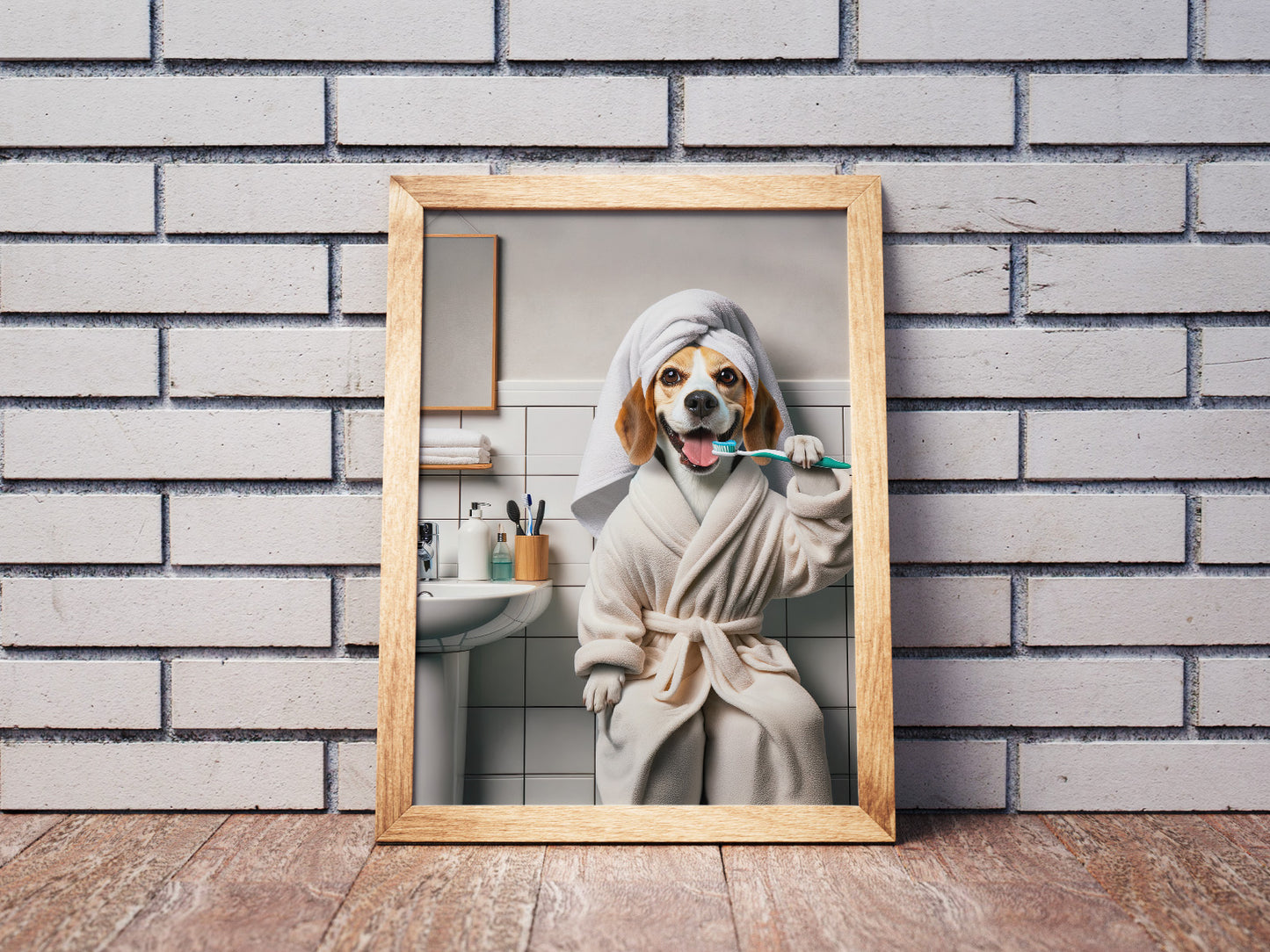 Portrait of a Beagle Brushing Teeth in Bathrobe – Funny Dog Bathroom Decor, Cute Poster, Beagle Prints, Beagle Gifts, Framed art