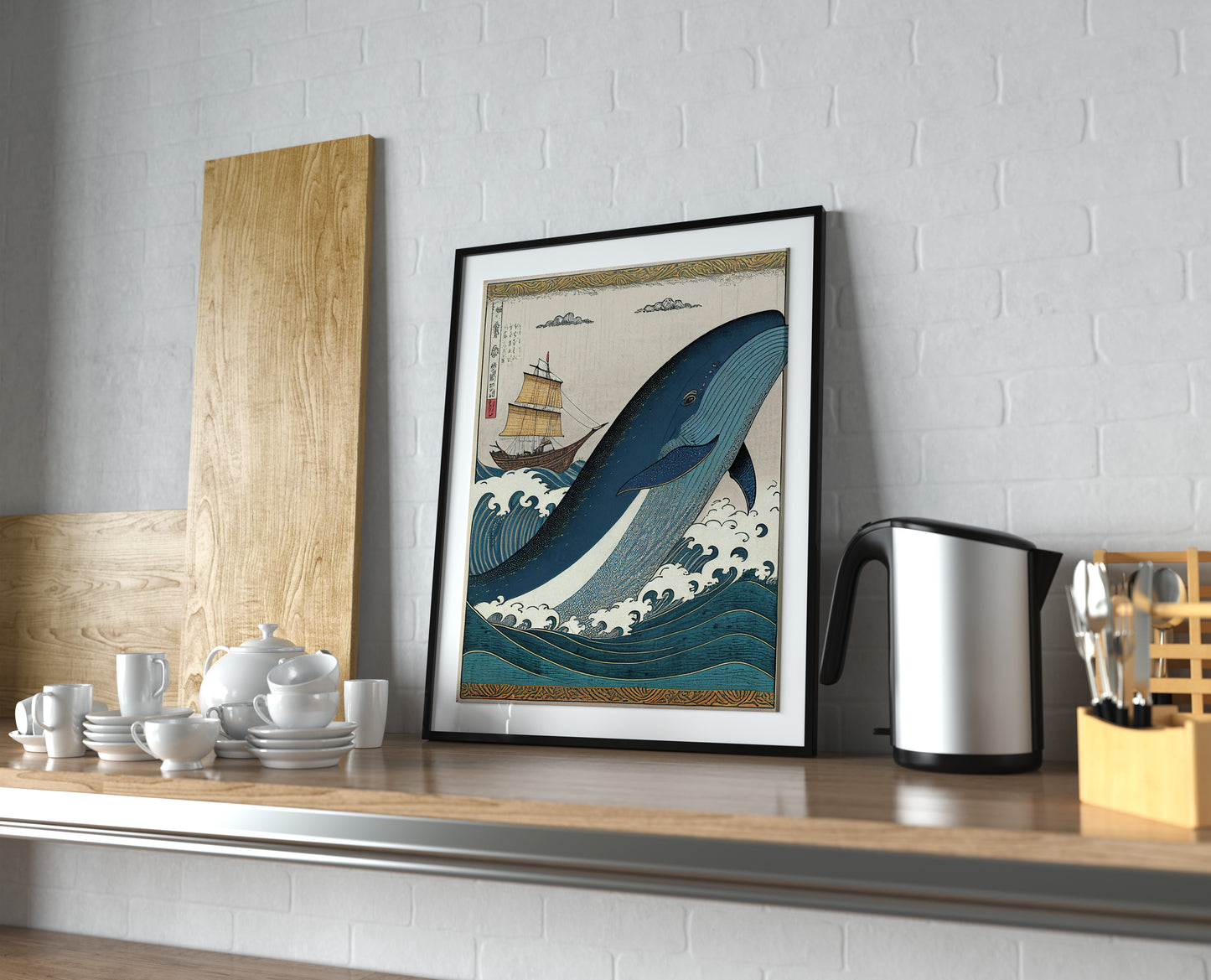 Japanese Ukiyo-e Style Whale and Boat Poster, Artistic Wall Art, Japan-Inspired Decoration Print