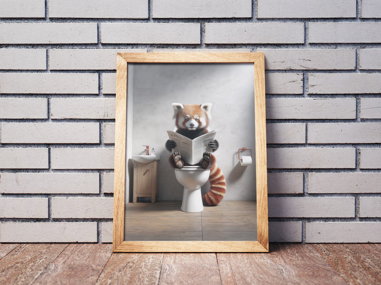 Poster Panda roux lisant le journal, Décoration Toilettes Humour, Cadre déco fun, Cadeau original Salle de bain