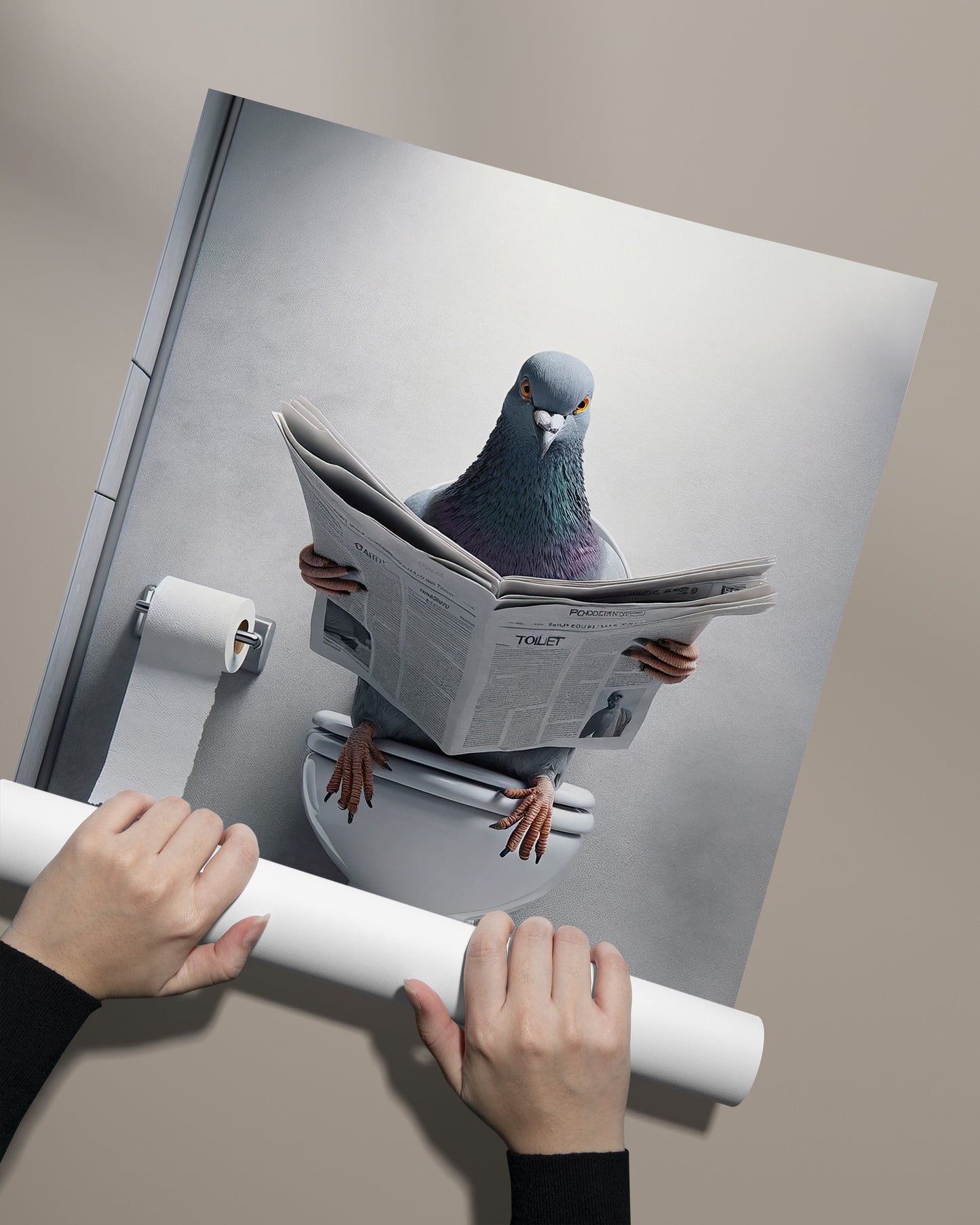 Funny Bathroom Wall Art - Pigeon Reading Newspaper Poster | Unique WC Toilet Decor | Humorous Gift Idea