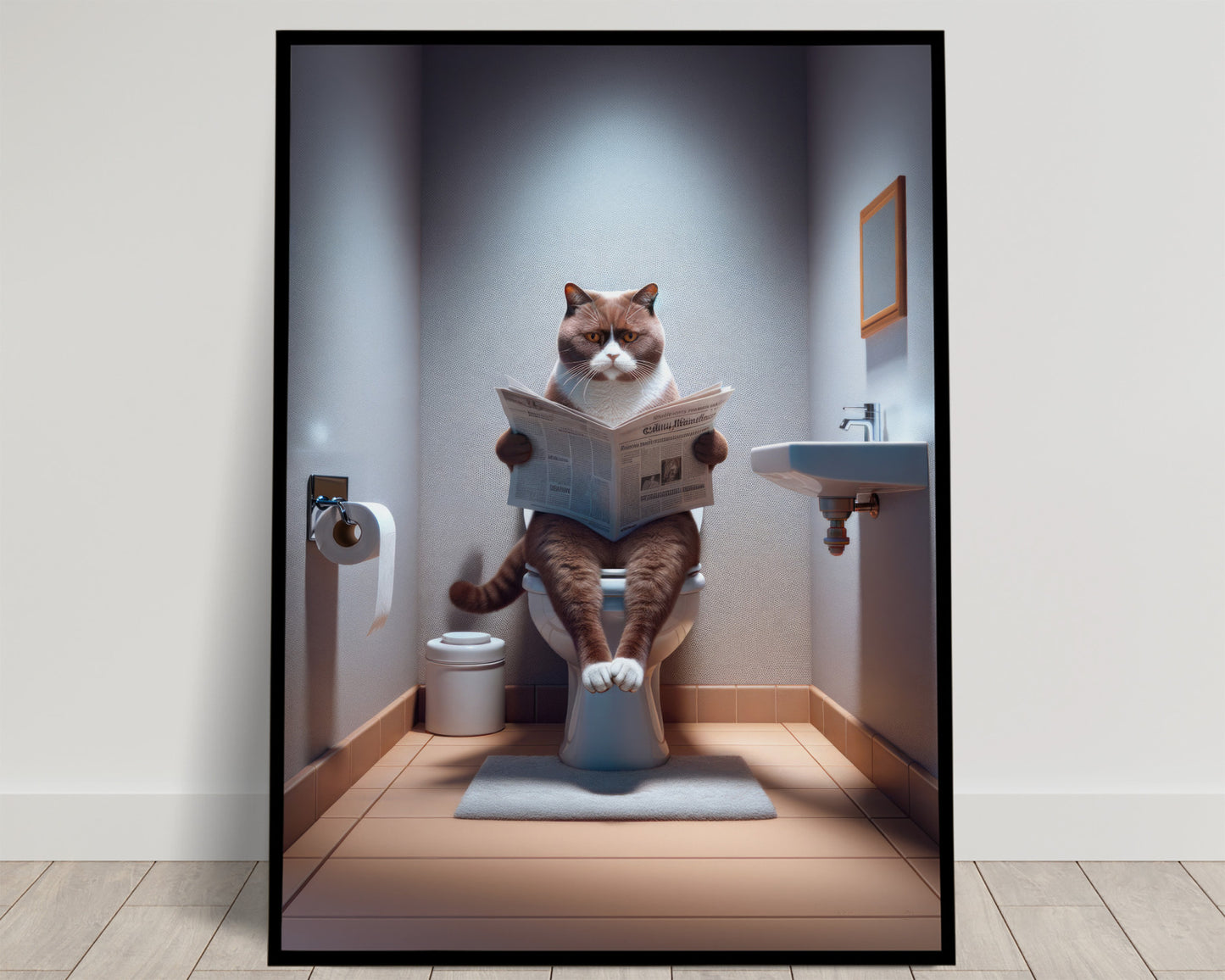 Affiche murale Chat British Shorthair Chocolat et Blanc - Déco WC & Salle de Bain Humour, Idée Cadeau Fun Originale