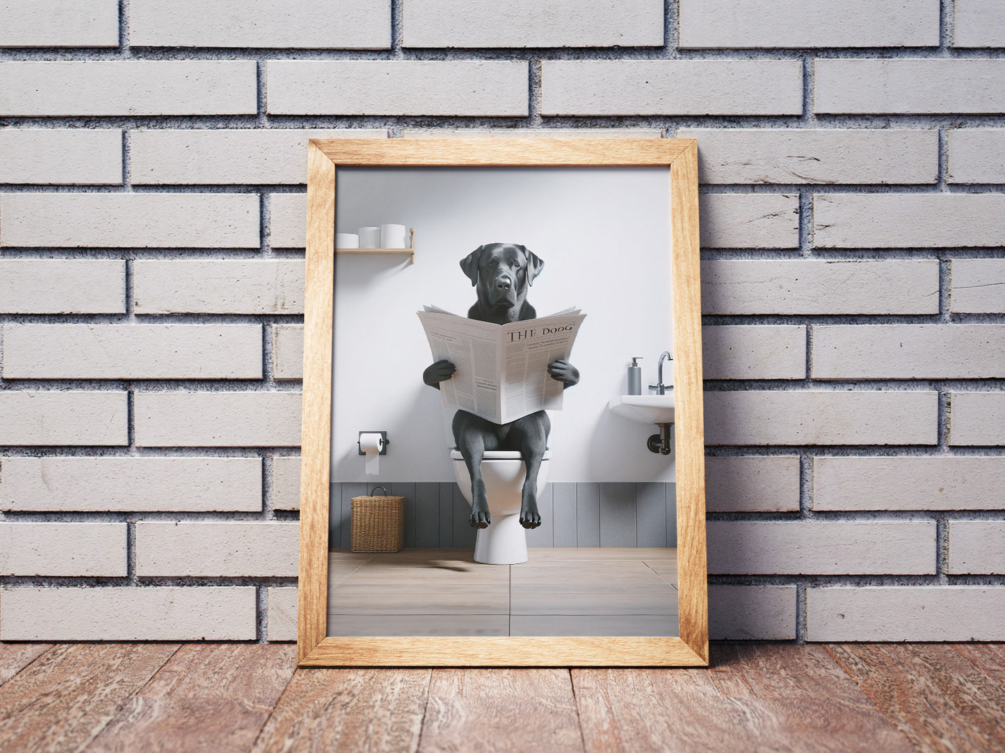 Poster Labrador noir lisant le journal, Humour WC, Décoration Salle de bain, Cadre déco original, Cadeau amusant
