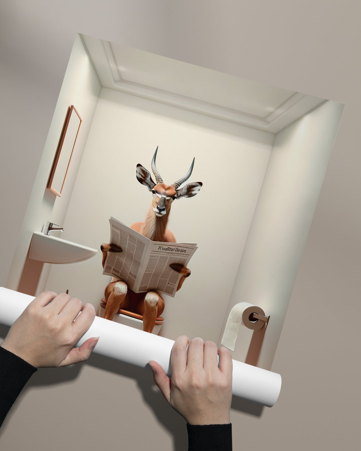 Poster Humour : Antilope lisant le journal, Décoration Fun Salle de Bain, Art Mural WC, Idée Cadeau Originale