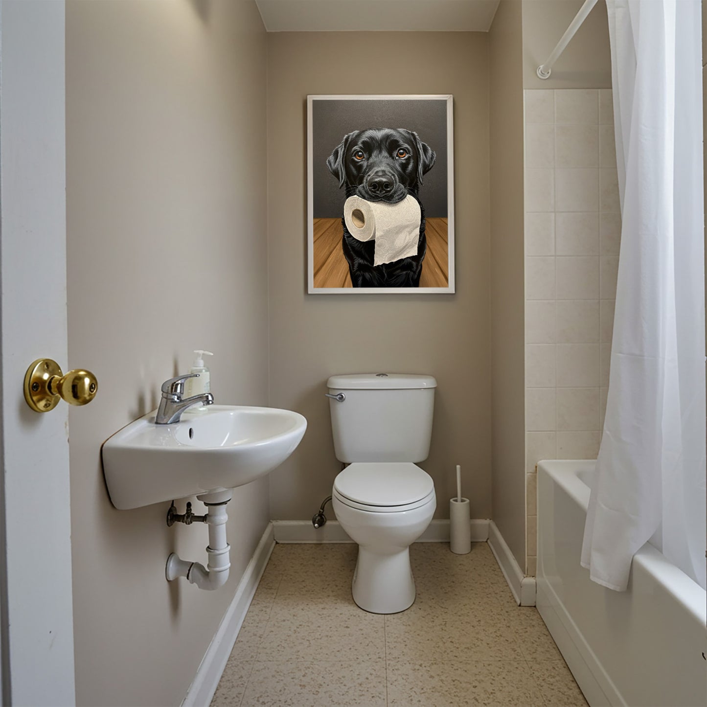 Labrador mordant un rouleau de papier toilette, Humour Toilettes, Poster WC, Cadeau Labrador, Affiche encadrée, Poster chien