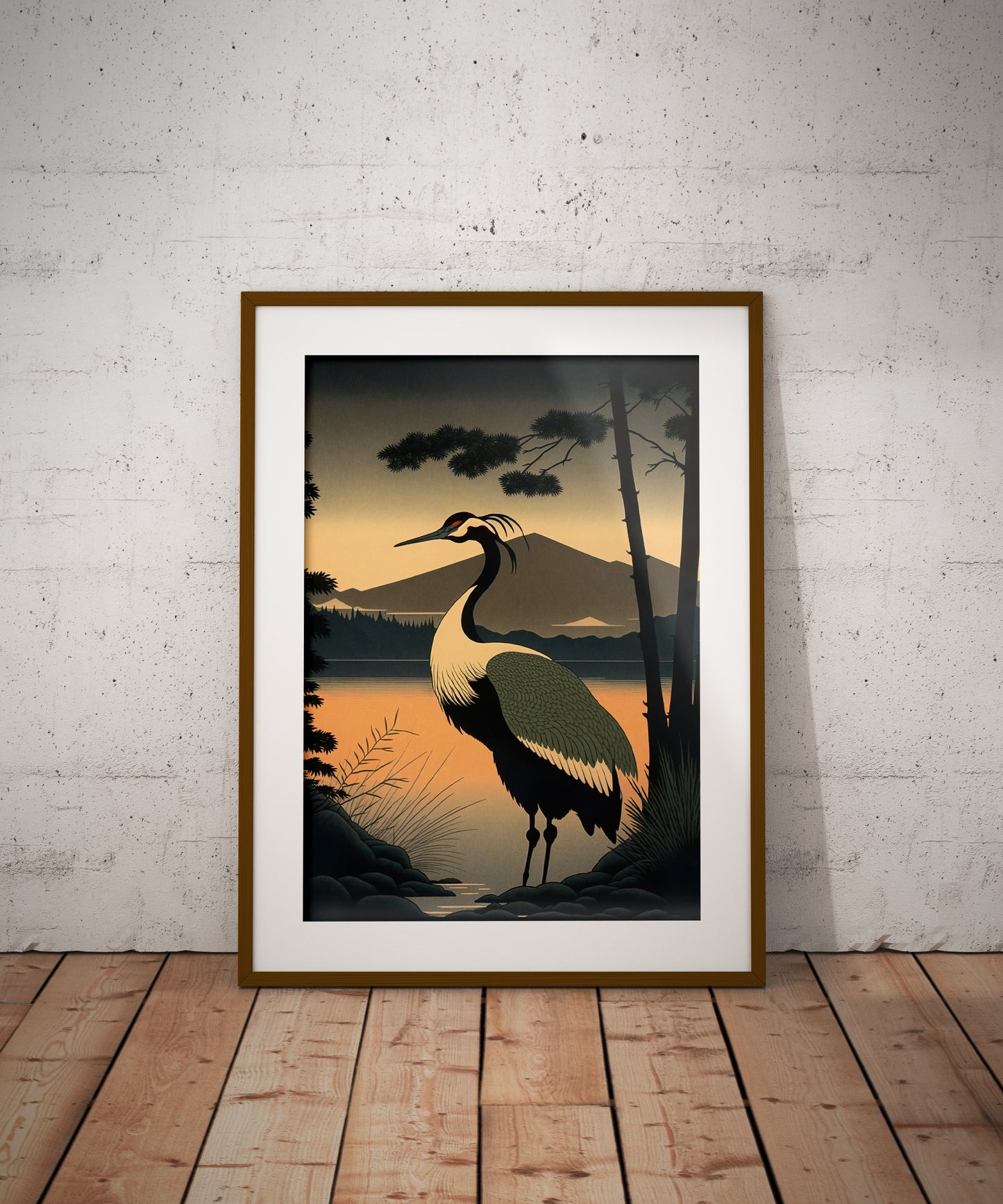 Japanese Crane at Sunrise Poster - Asian Art, Wall Decoration, Japanese Style Print, Elegant Home Decor