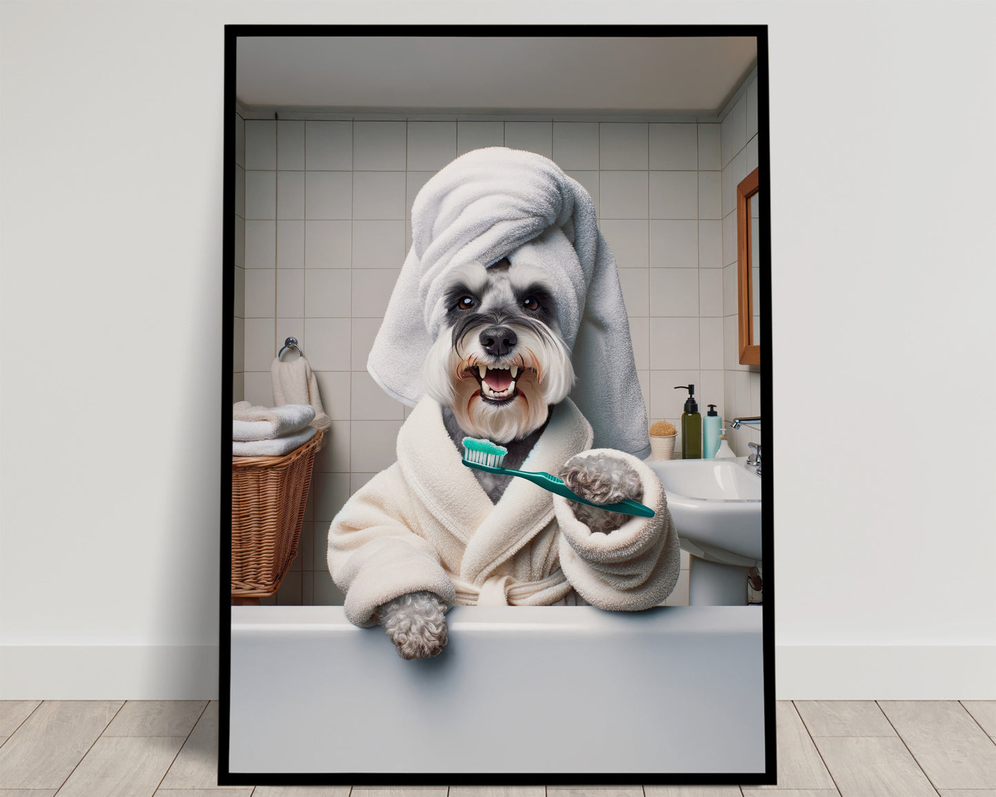 Portrait of a Schnauzer Brushing Teeth in Bathrobe – Funny Dog Bathroom Decor, Cute Poster, Schnauzer Print, Schnauzer Gift, Framed art