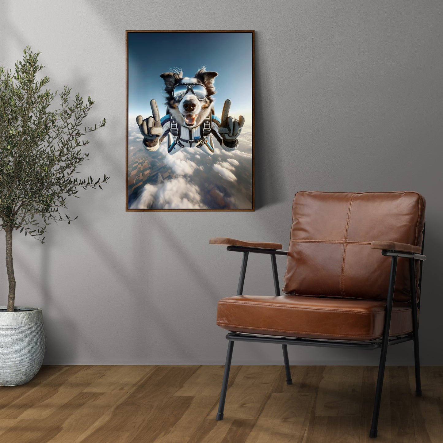 Affiche murale Border Collie en chute libre - Poster chien skydiving - Décor sport extrême - Idée cadeau unique