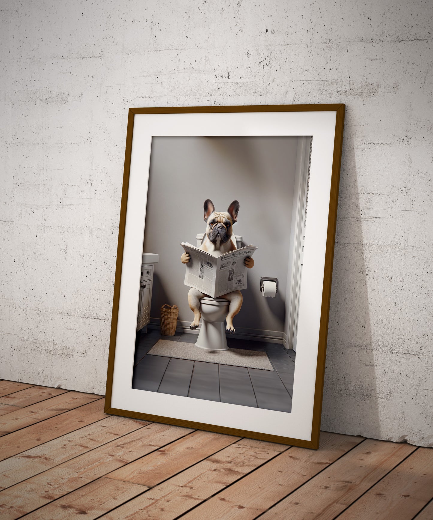 Funny French Bulldog Reading Newspaper Poster – Bathroom Wall Art Decor, Gag Gift for WC/Toilet