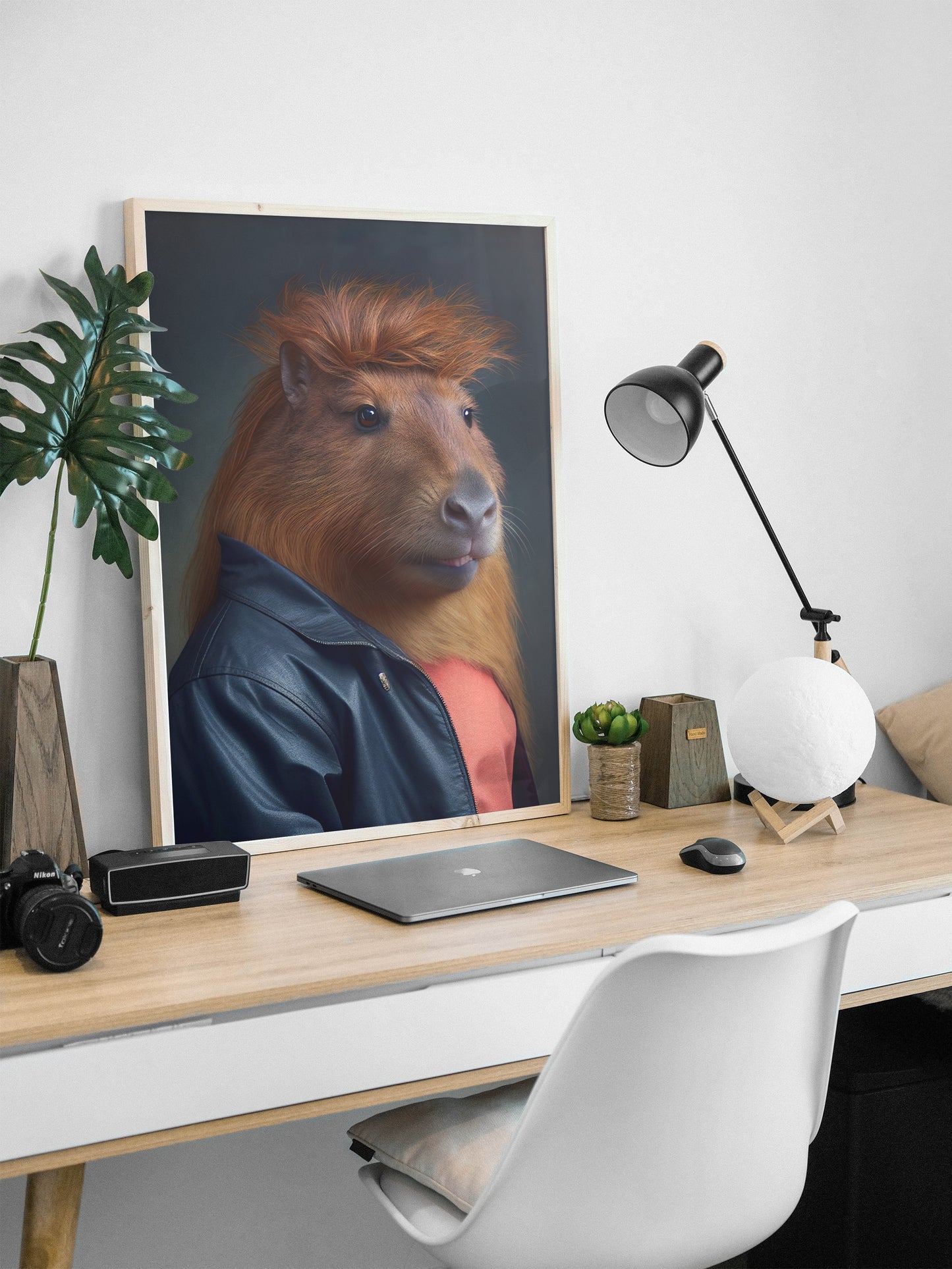Affiche murale humoristique d'un capybara des années 80 avec coupe mulet, décoration murale originale, poster kitsch à encadrer