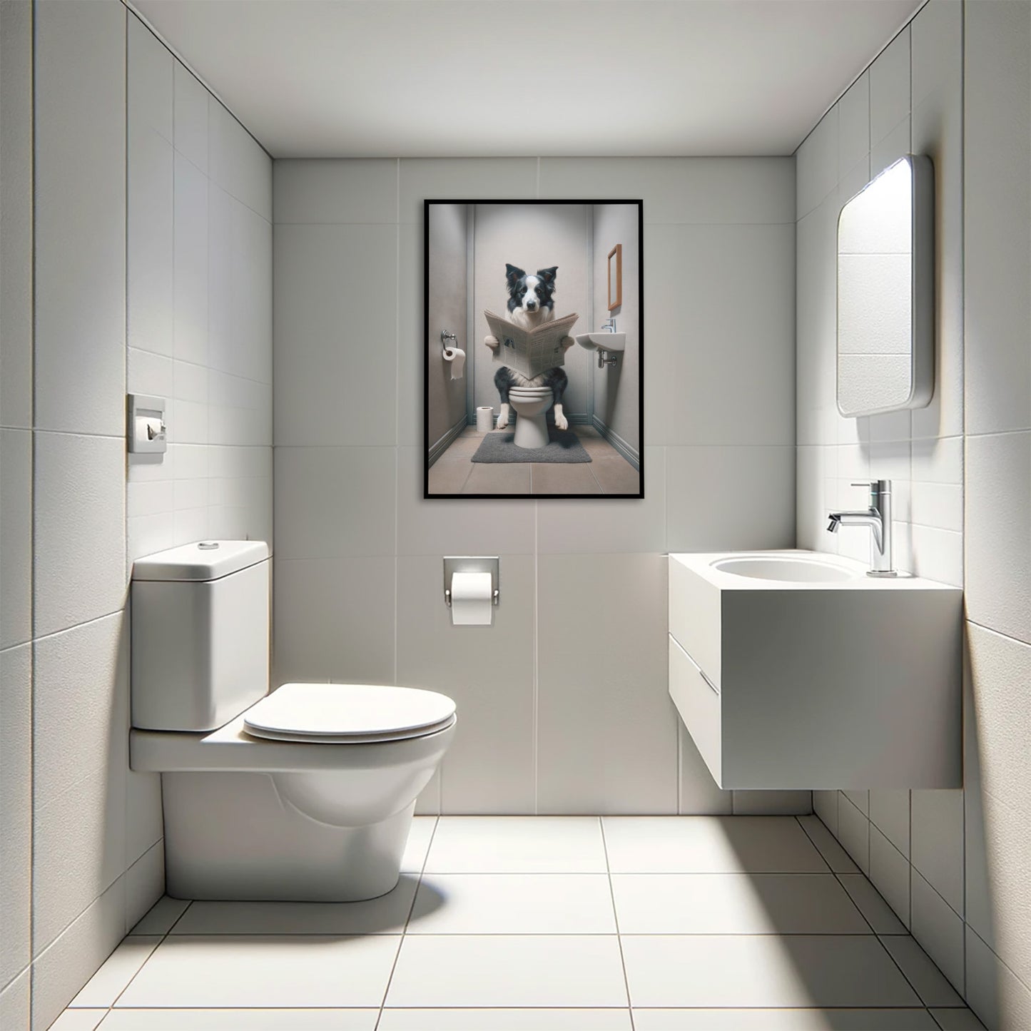 "Border Collie Reading Newspaper Poster - Funny Bathroom Decor, Wall Art for WC, Unique Gag Gift"