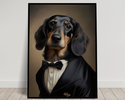 Elegant Dachshund Tuxedo Poster - Chic & Humorous Wall Art for Dog Lovers