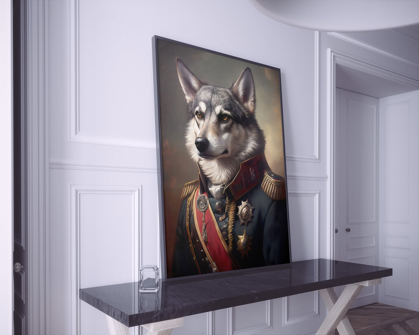 Gray Wolf in Military Uniform Poster – Unique Animal Wall Art, Premium Wolf Wall Decoration