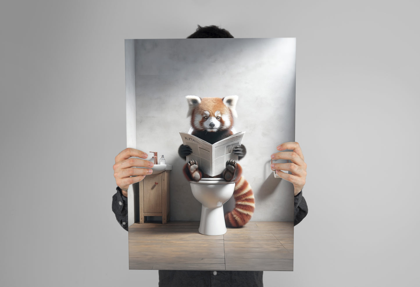 Poster Panda roux lisant le journal, Décoration Toilettes Humour, Cadre déco fun, Cadeau original Salle de bain