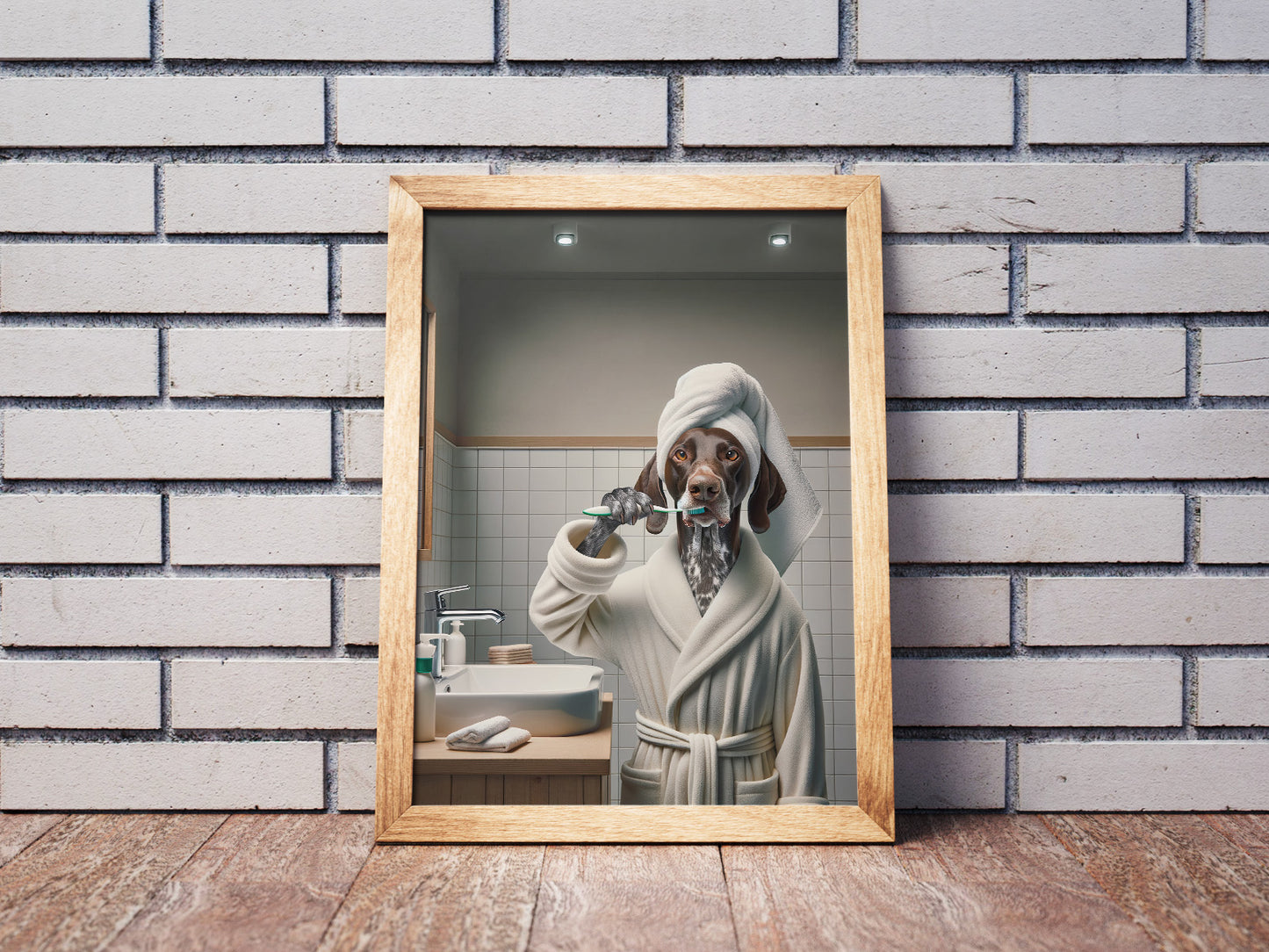 Portrait of a German Shorthaired Pointer Brushing Teeth in Bathrobe – Funny Dog Bathroom Decor, Cute Poster, Gag Gift, Framed art