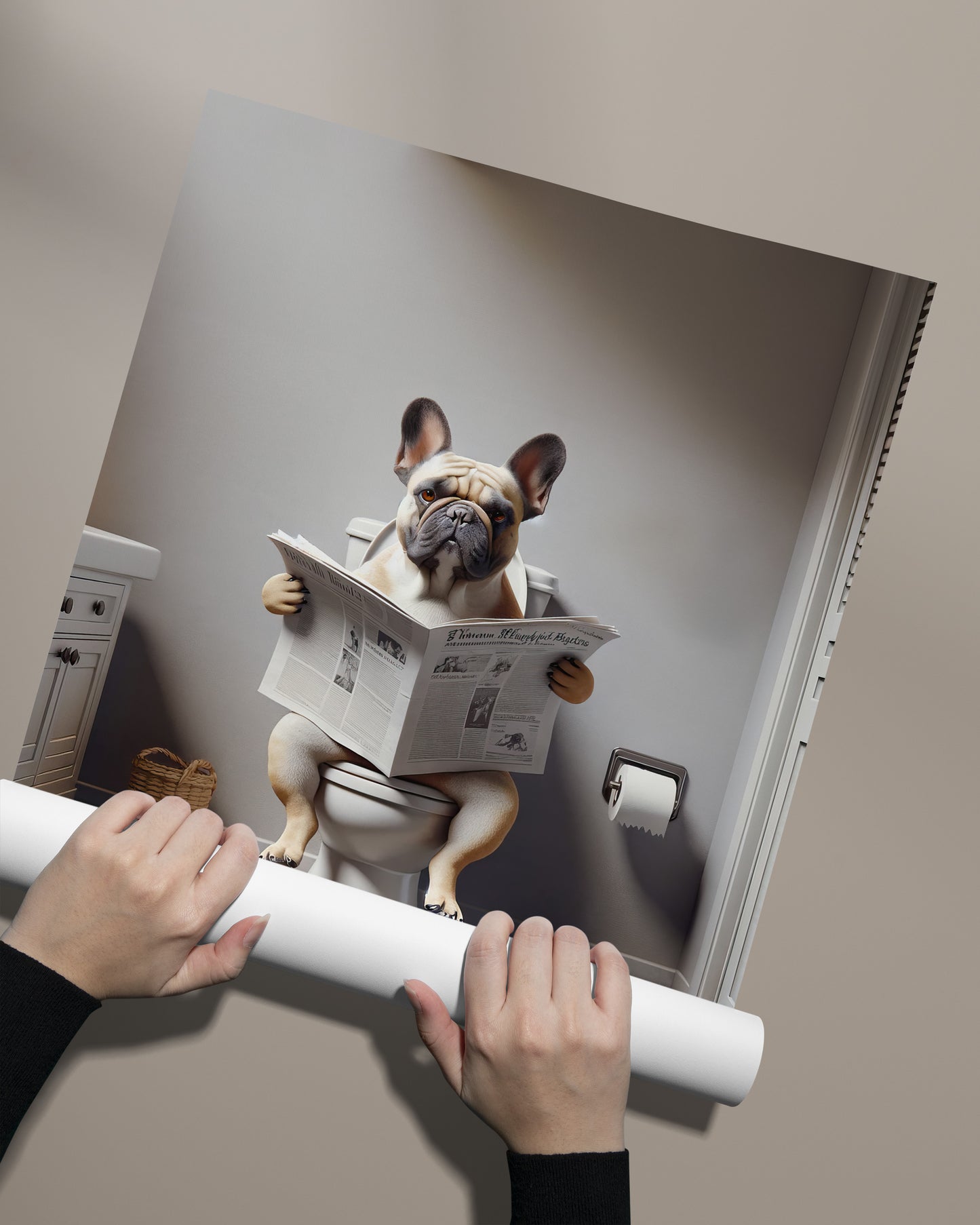 Funny French Bulldog Reading Newspaper Poster – Bathroom Wall Art Decor, Gag Gift for WC/Toilet