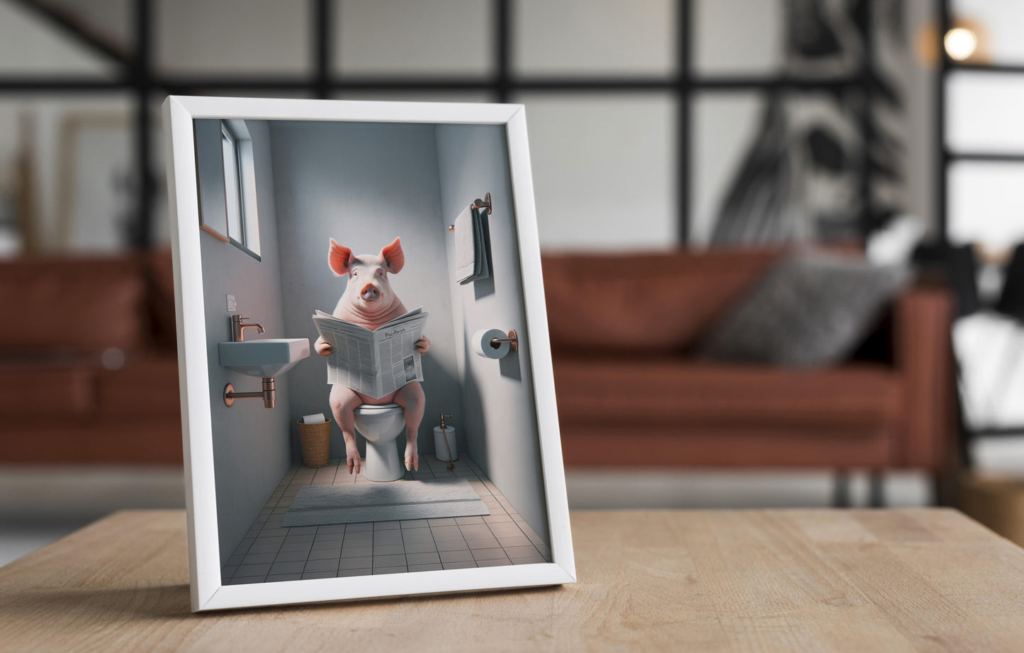 Funny Pig Reading Newspaper Poster - Quirky Bathroom Wall Art, Unique WC Decor, Humorous Gag Gift for Toilet Room