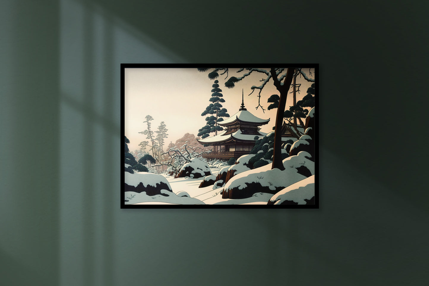 Poster Temple Japonais sous la Neige, Décoration Murale, Illustration Art Japonais, Paysage Montagne à Encadrer