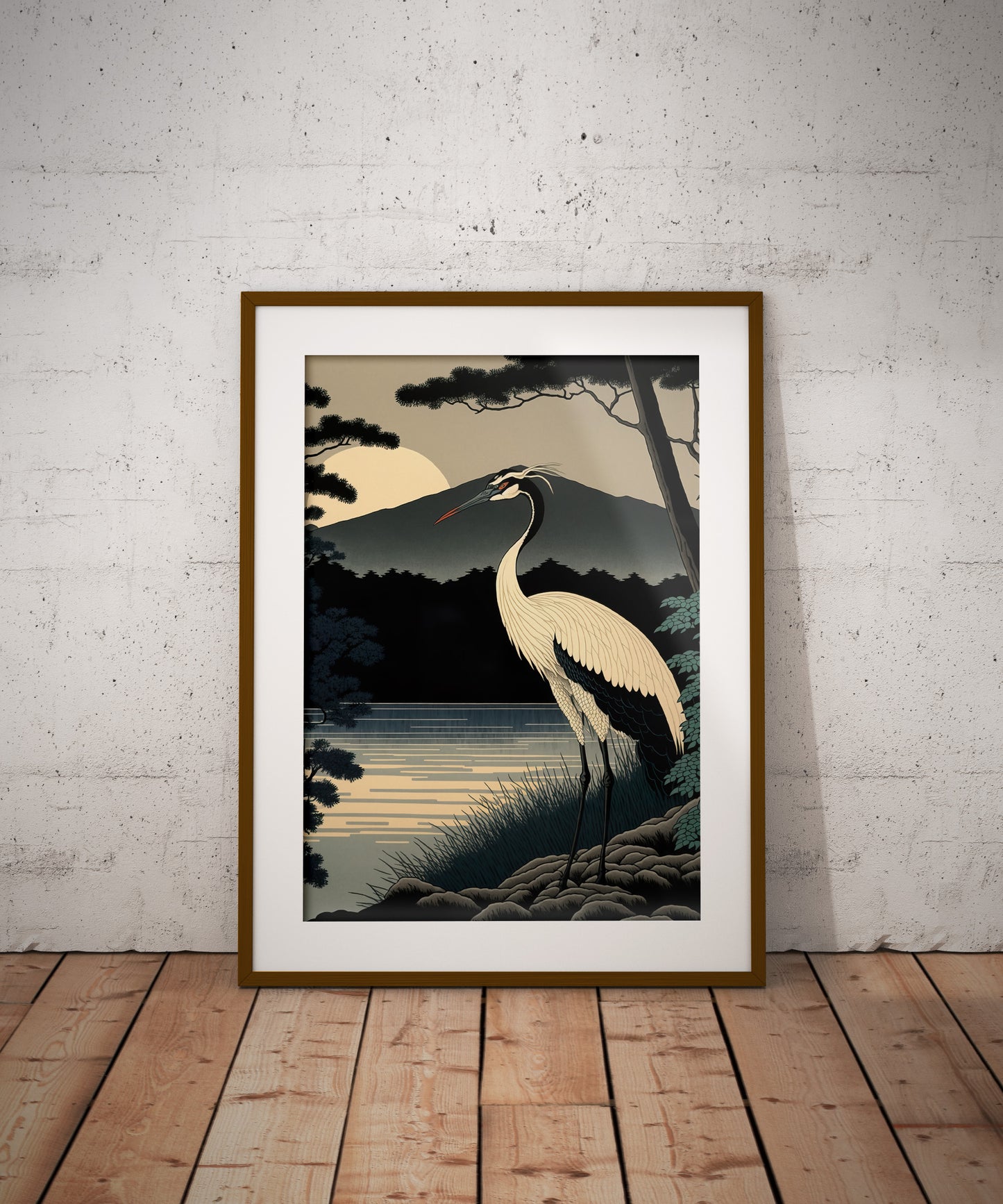 Japanese Crane Sunrise Poster, Japanese Art Style, Asian Wall Decoration, Frameable Japanese Wall Art