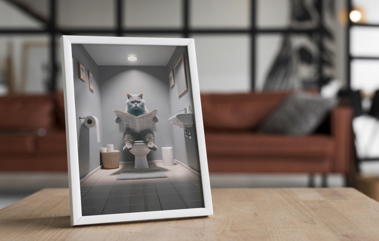 Affiche Murale Chat British Shorthair Lisant aux Toilettes, Déco Humour Salle de Bain & WC, Idée Cadeau Amusante