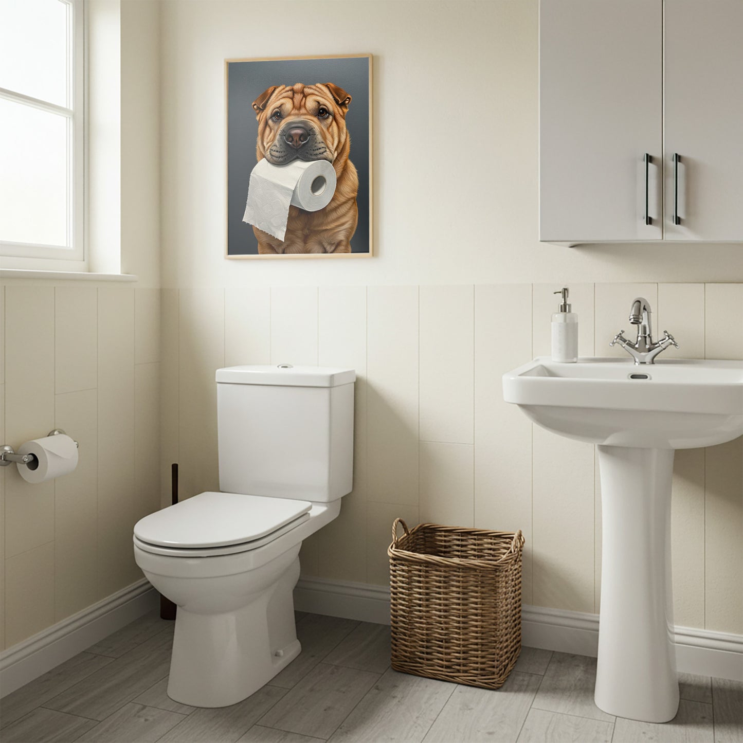 Shar Pei with toilet paper roll in mouth, Toilet Humor, Shar Pei Gifts, Bathroom Print, Dog Lover Gift, WC Wall Art, Framed Print