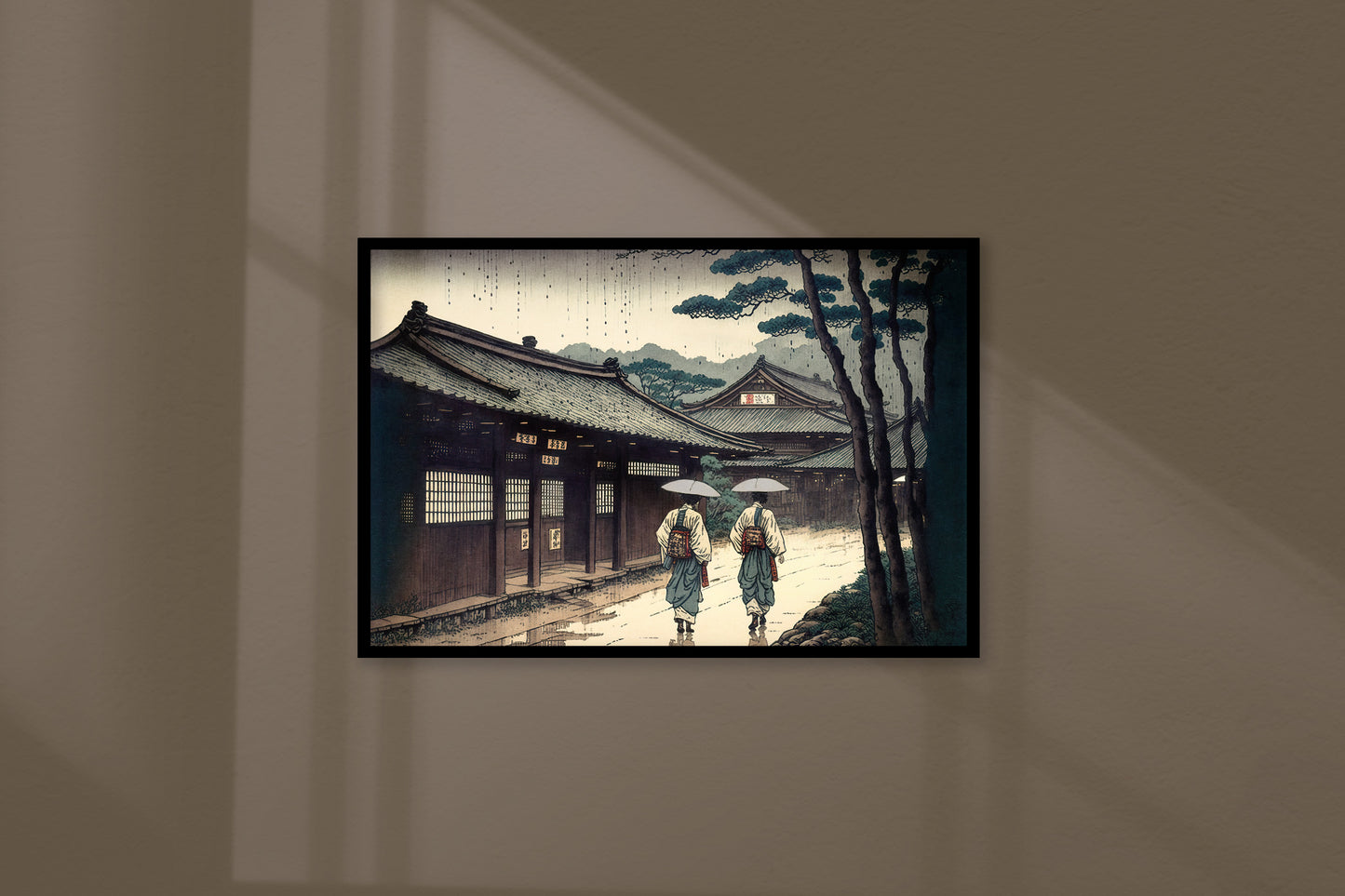 Japanese Village Wall Poster in the Rain – Japanese Art Style Illustration, Rainy Japan Poster for Framing, Home Decor