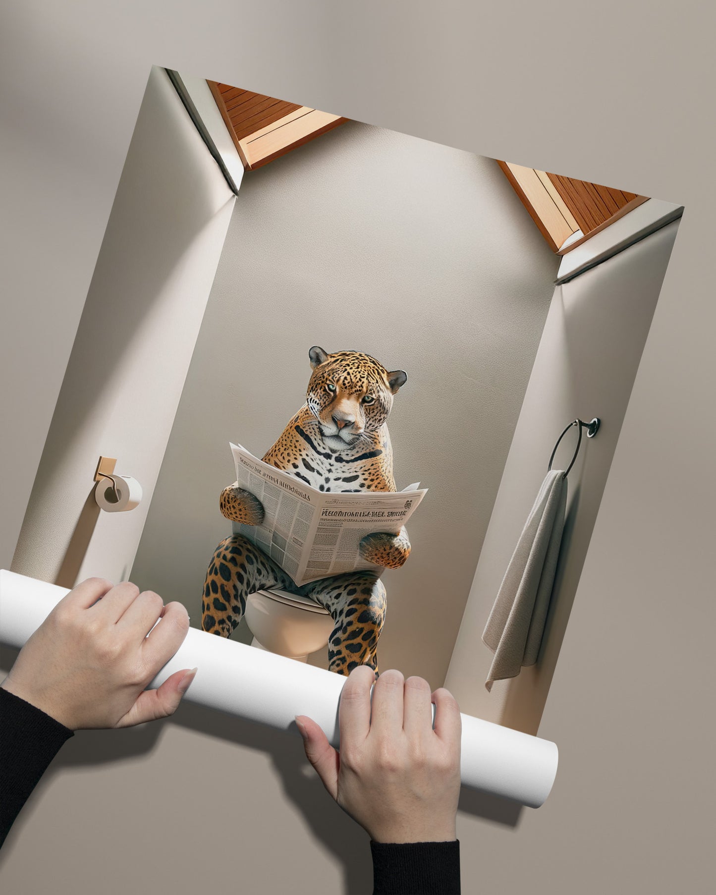 Poster Jaguar lisant le journal, Humour Salle de Bain, Décoration WC, Cadre Amusant, Art Toilettes, Idée Cadeau Originale