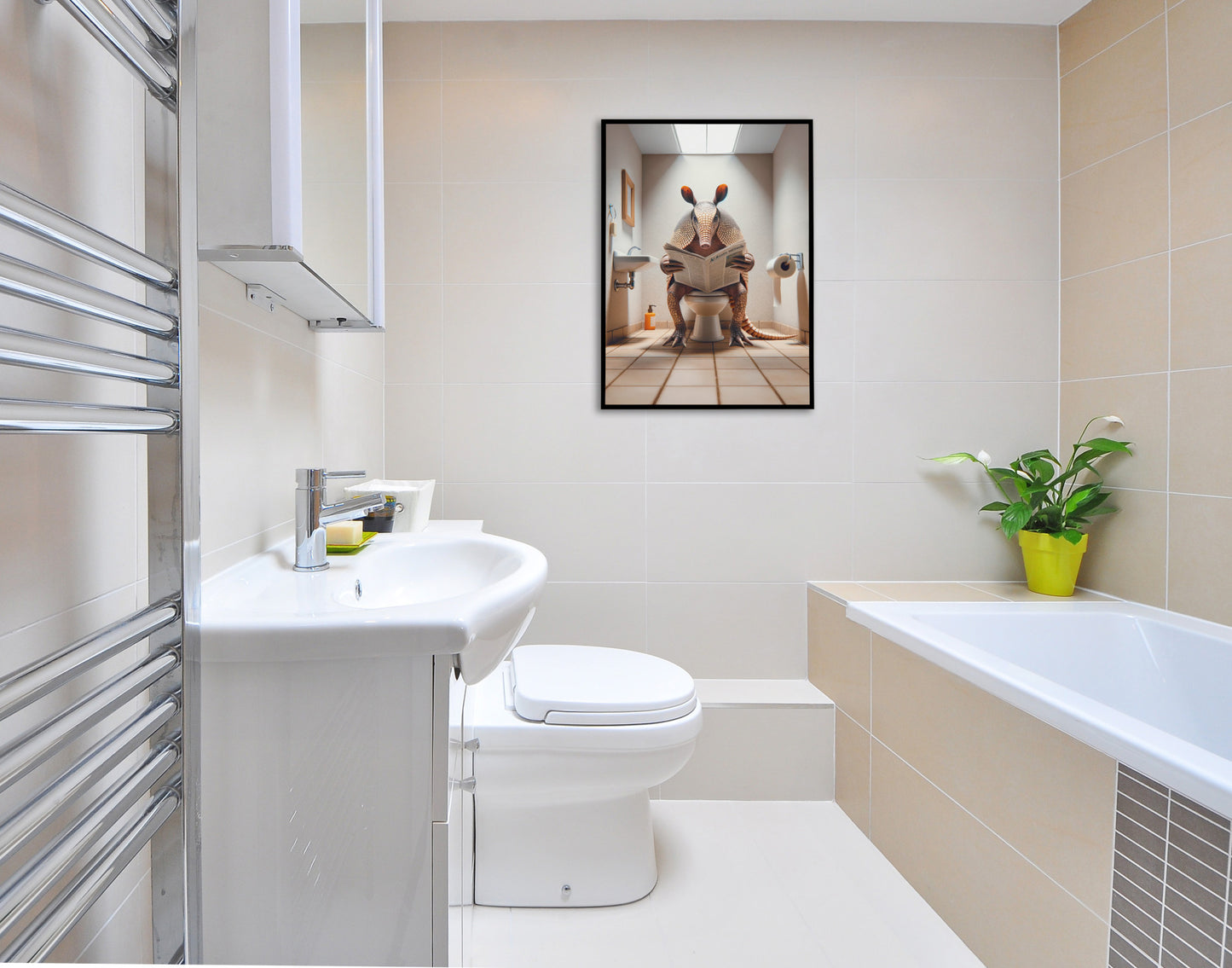 Armadillo Reading Newspaper Poster - Funny Bathroom Wall Art Decor - Unique WC Toilet Gag Gift