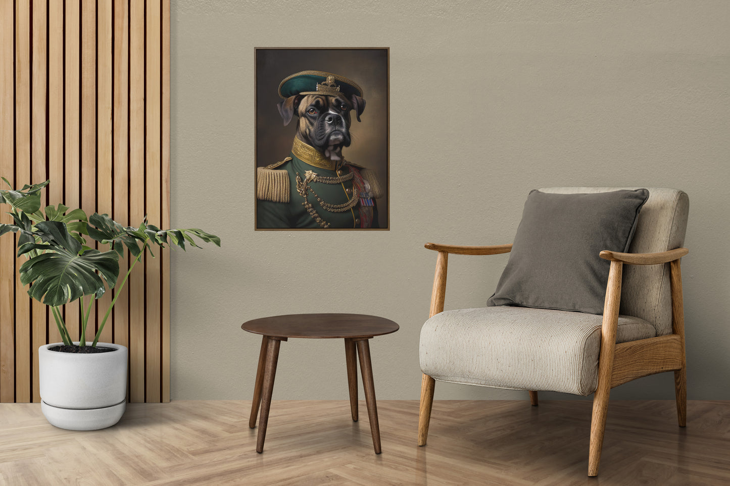 Heroic Boxer Dog Poster in Military Uniform – Animal Wall Art Decoration to Frame for Home Decor