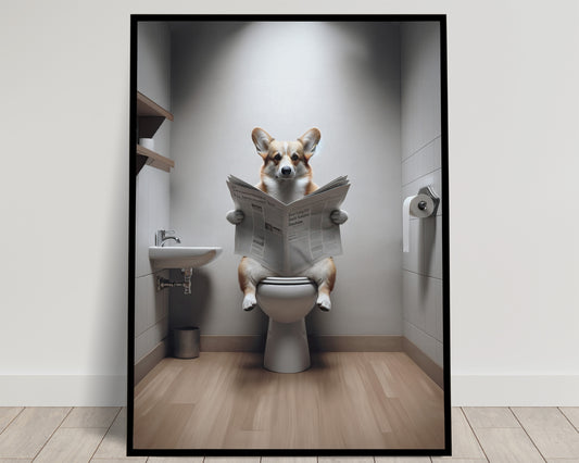 Poster Humour : Corgi lisant le journal aux toilettes - Décoration Fun WC, Salle de Bain, Cadeau Original