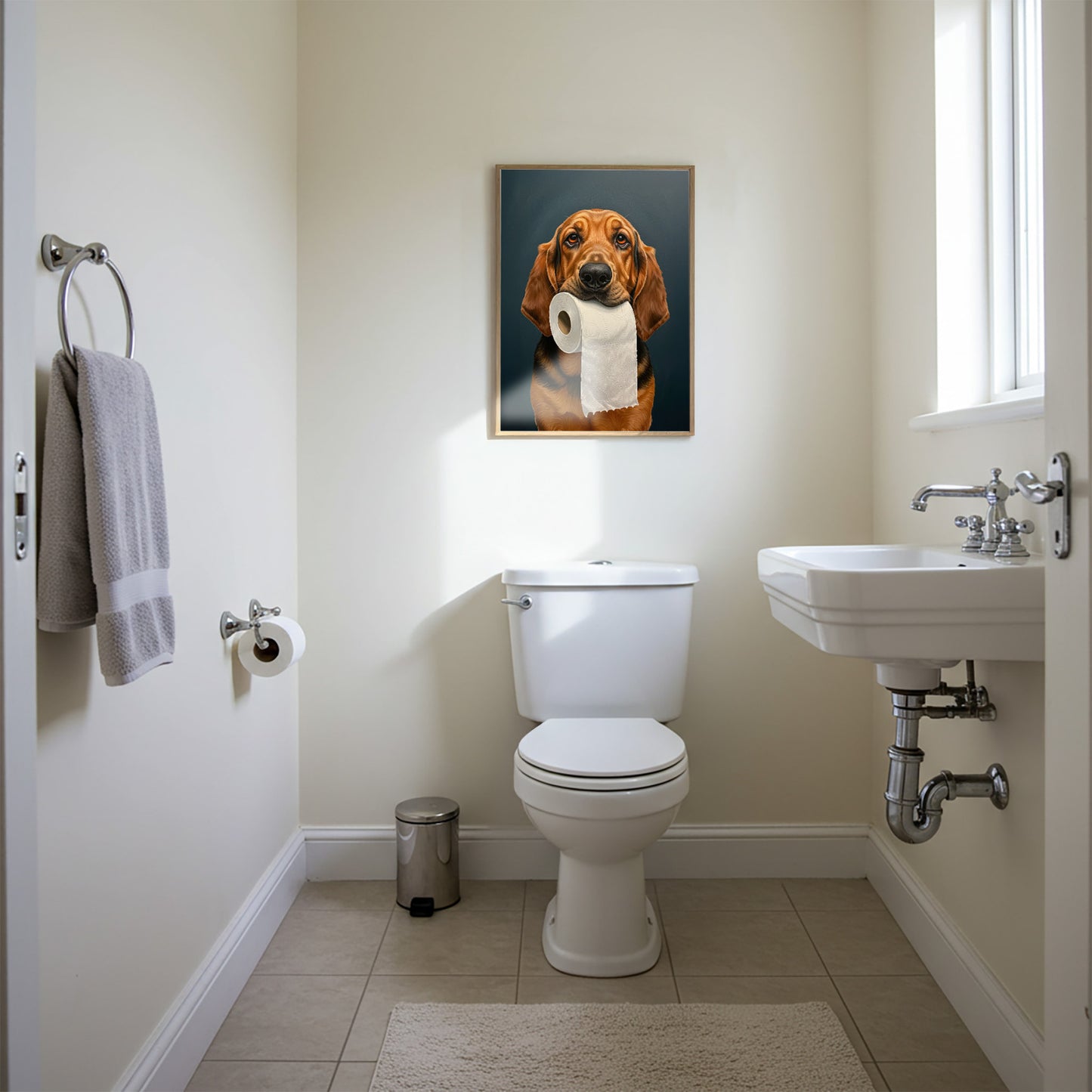 Chien de Saint-Hubert mordant un rouleau de papier toilette, Humour Toilettes, Poster WC, Cadeau St-Hubert, Affiche encadrée, Poster chien