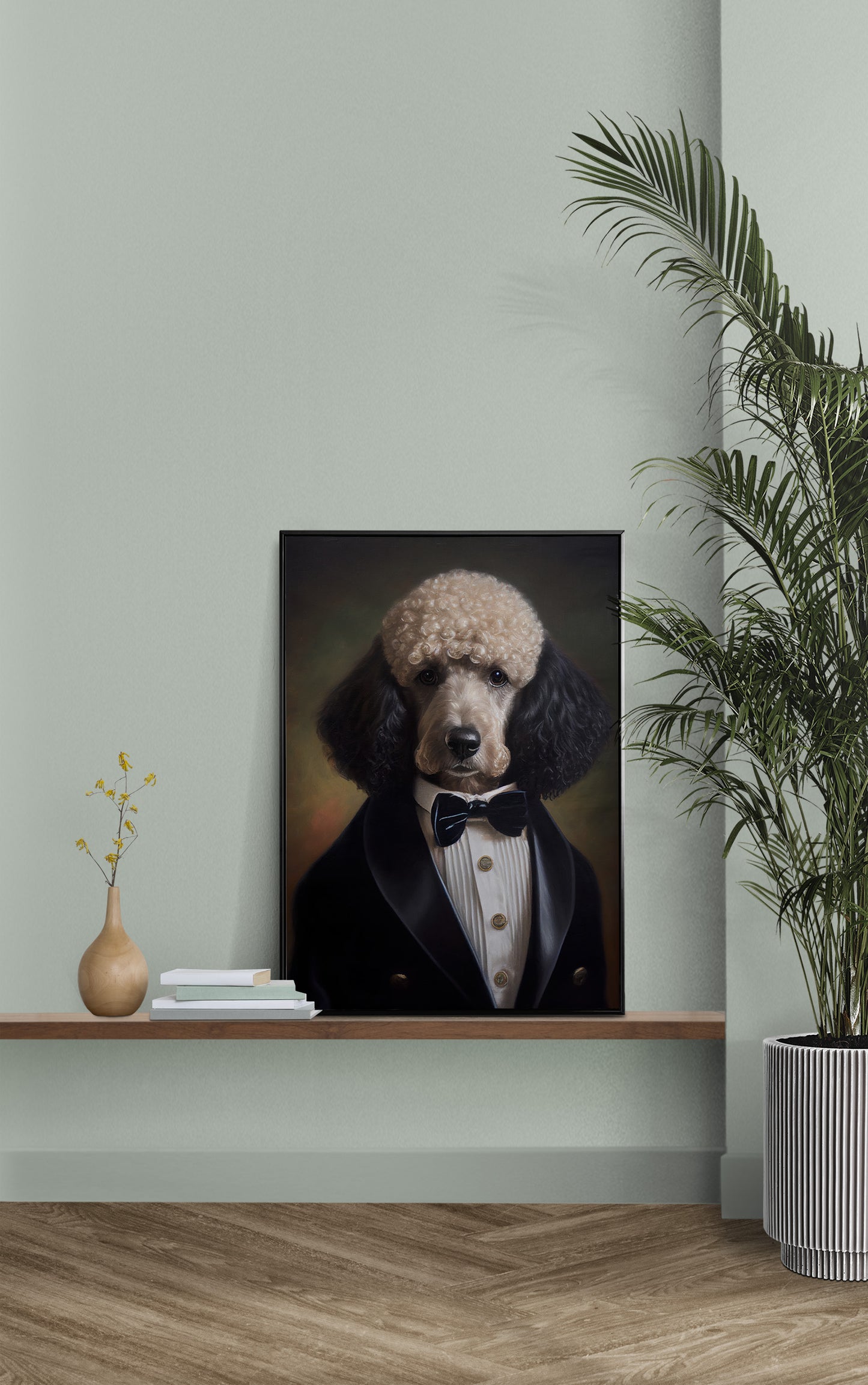 Chic Poodle in Tuxedo Poster – Elegant Dog Wall Art | Humorous Pet Portrait Print for Home Decor