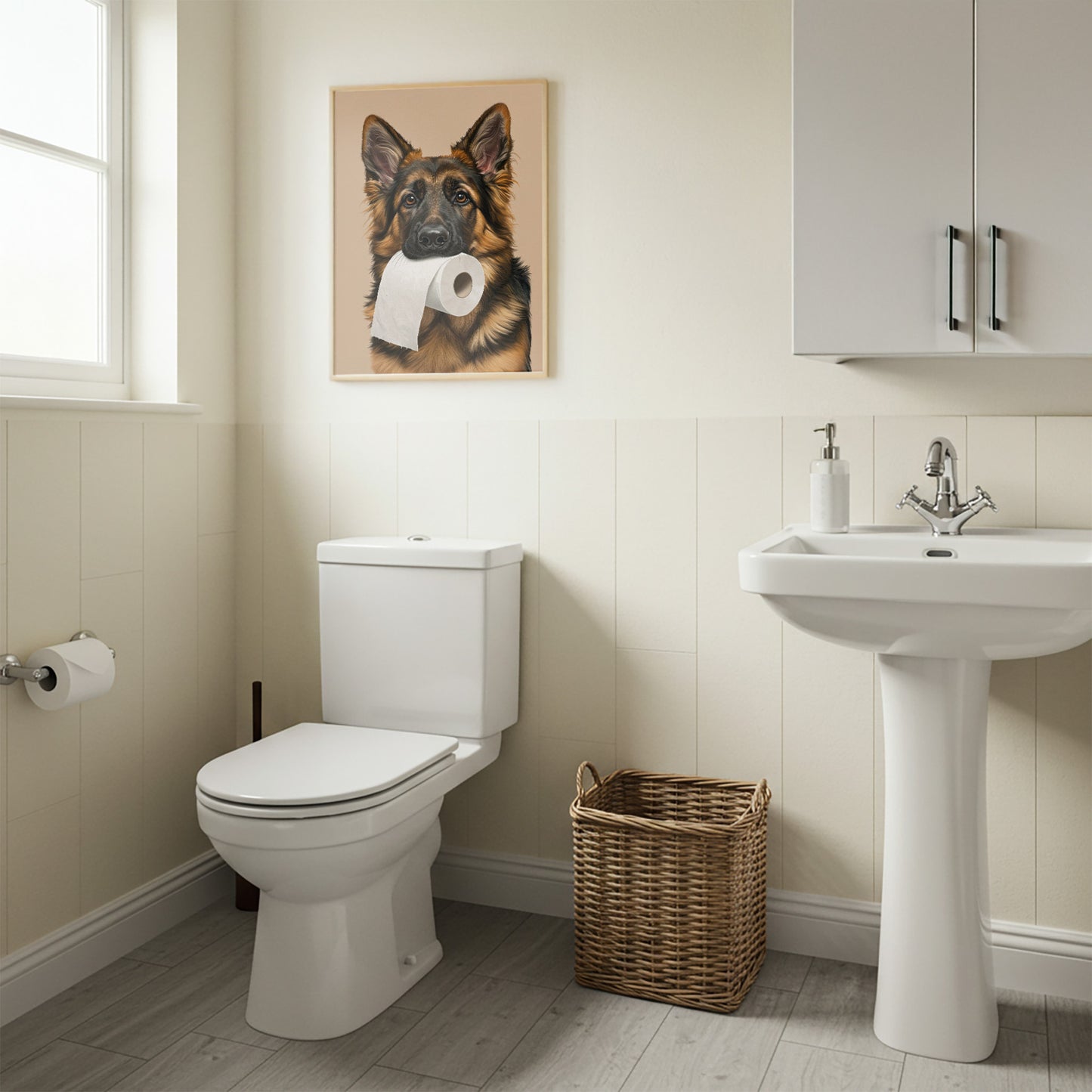 Berger allemand mordant un rouleau de papier toilette, Humour Toilettes, Poster WC, Cadeau Berger allemand, Affiche encadrée, Poster chien