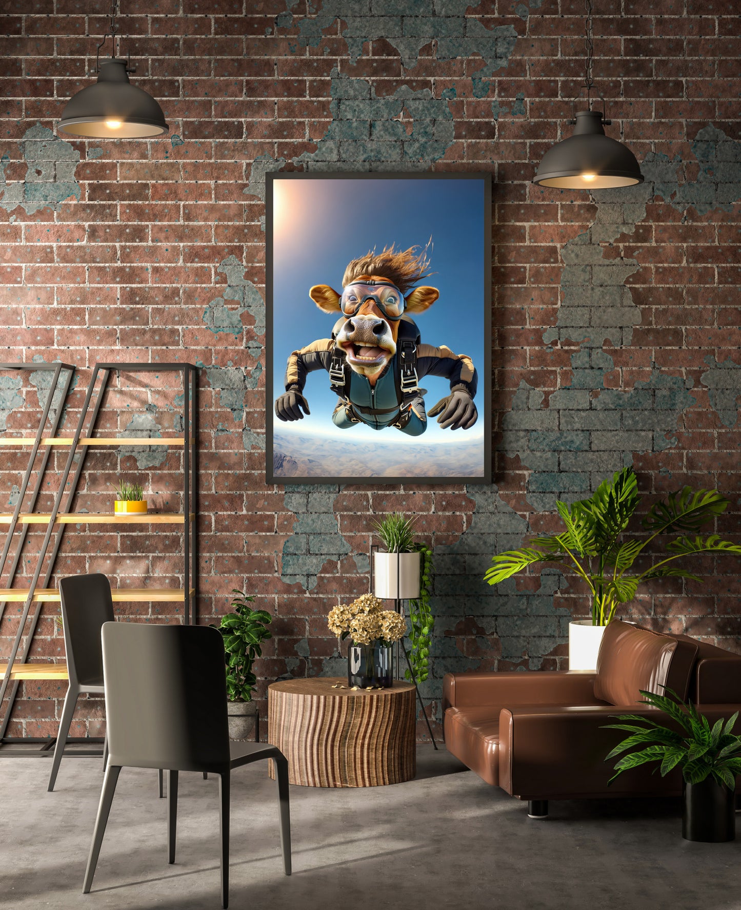 Affiche murale Vache en chute libre, Poster Skydiving Animal, Décoration Sport Extrême, Cadeau original