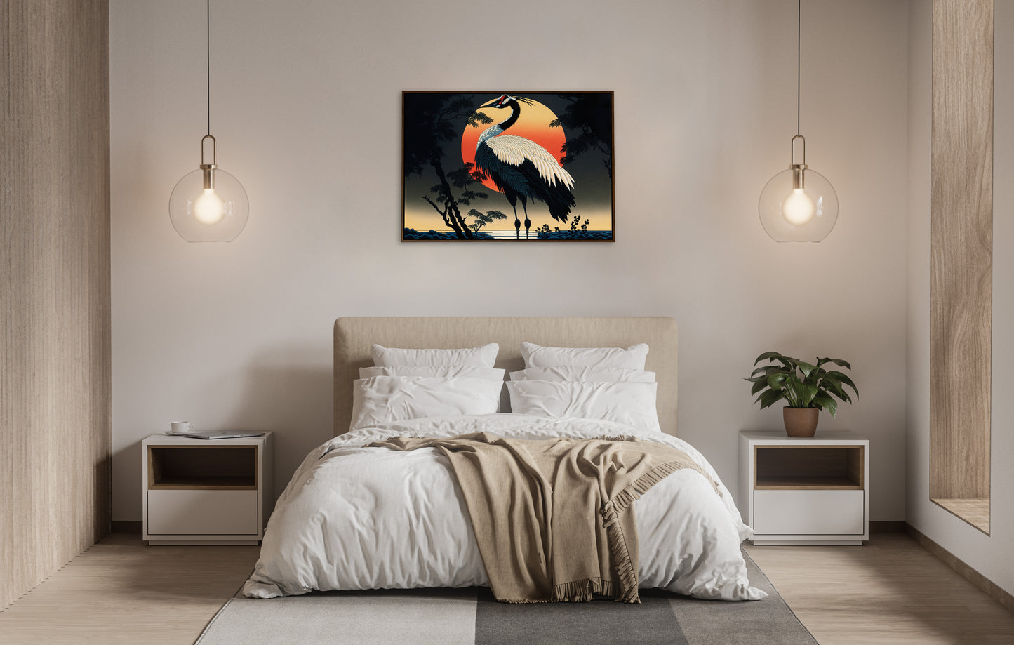Japanese Crane Wall Poster - Traditional Japanese Art Style, Rural Landscape Home Decoration, Stunning Wall Art