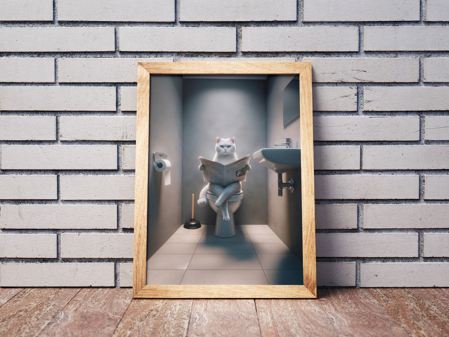 "Funny Bathroom Wall Art: White British Shorthair Cat Poster – Unique WC Toilet Decor & Gag Gift"