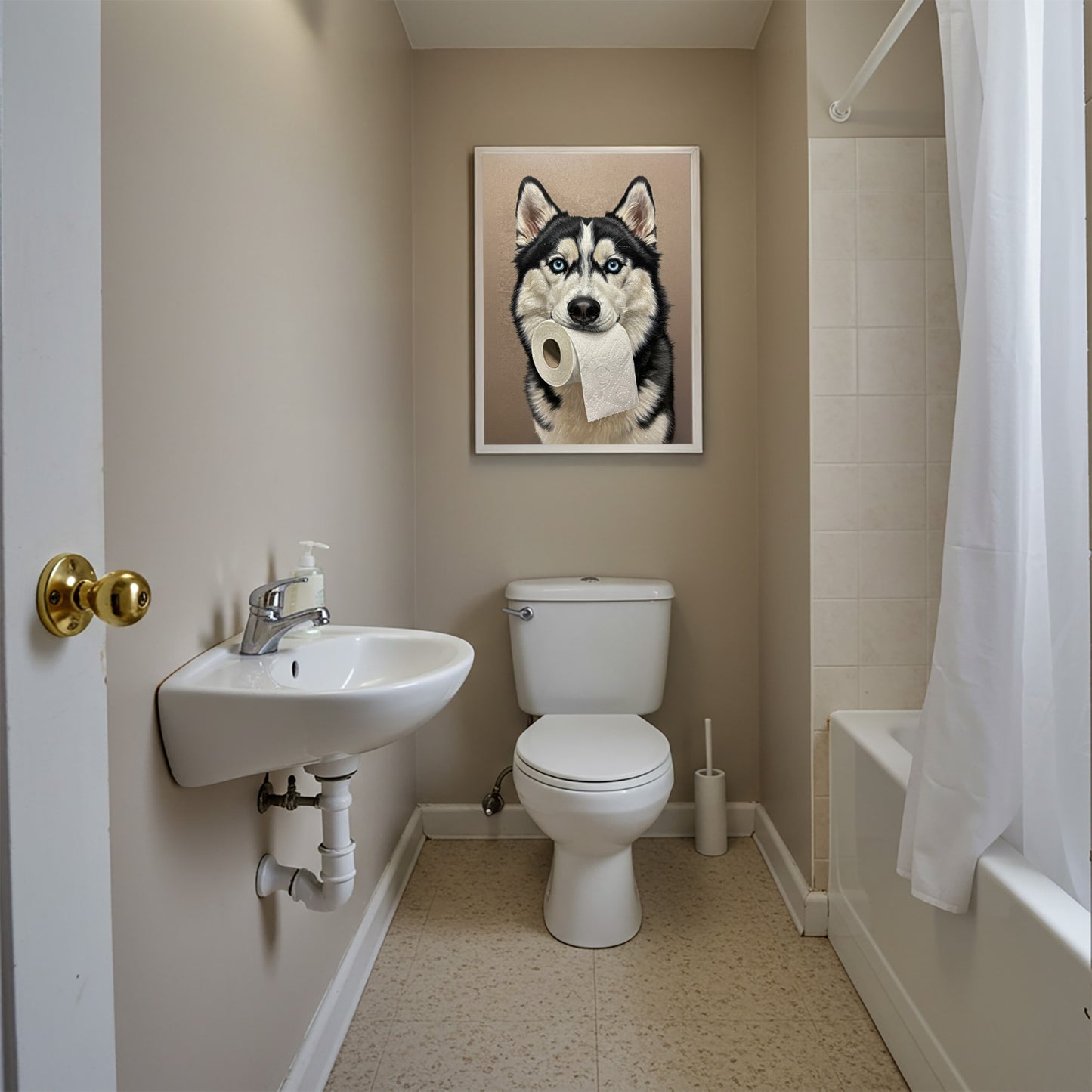 Husky mordant un rouleau de papier toilette, Humour Toilettes, Poster WC, Cadeau Husky, Affiche encadrée, Poster chien