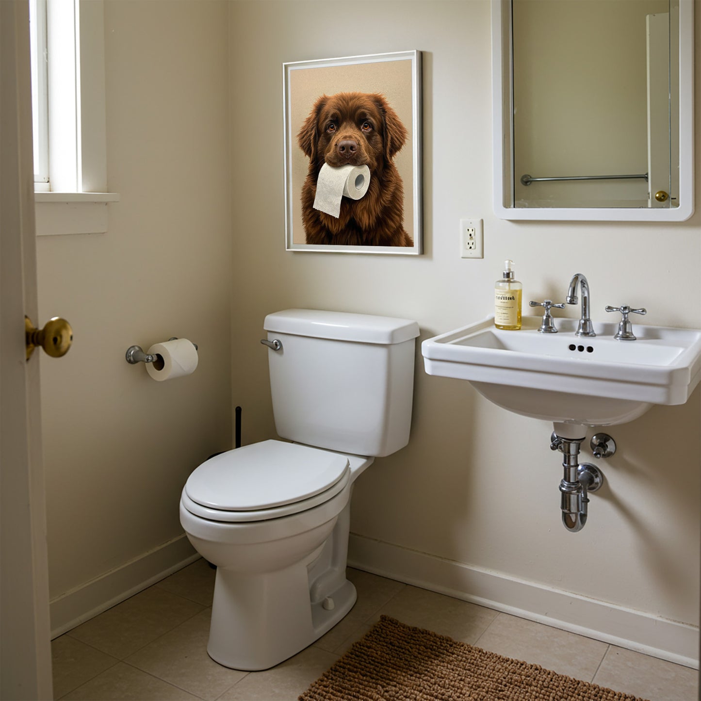 Terre-neuve mordant un rouleau de papier toilette, Humour Toilettes, Poster WC, Cadeau Terre-neuve, Affiche encadrée, Poster chien